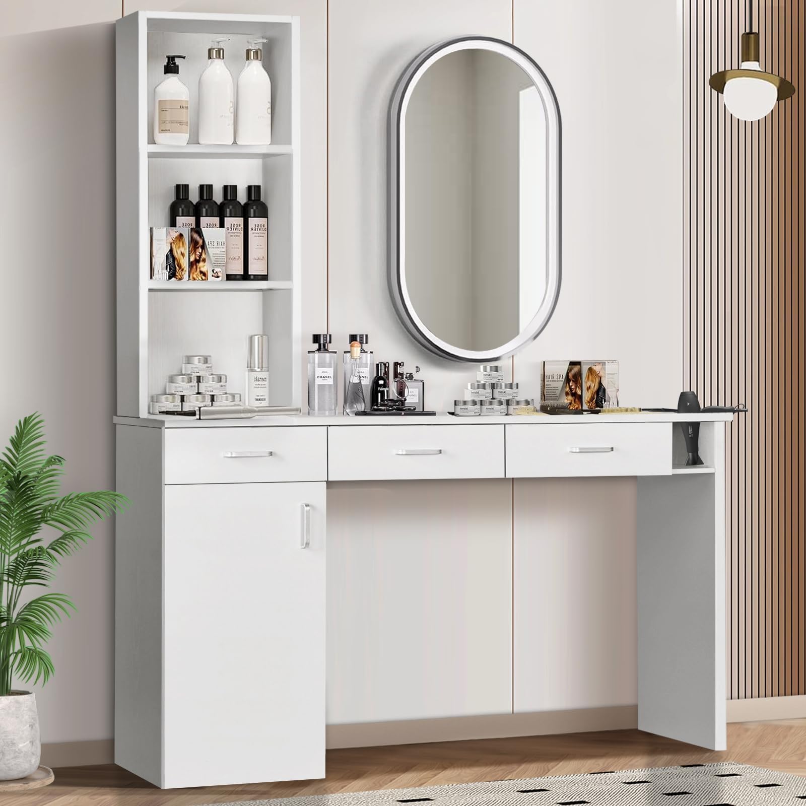 Professional Barber Station for Hair Stylists - Salon Wall Mount Cabinet with Hair Dryer Holder & Storage Drawers - White - Perfect for Home Salons, Barber Shops & Beauty Studios