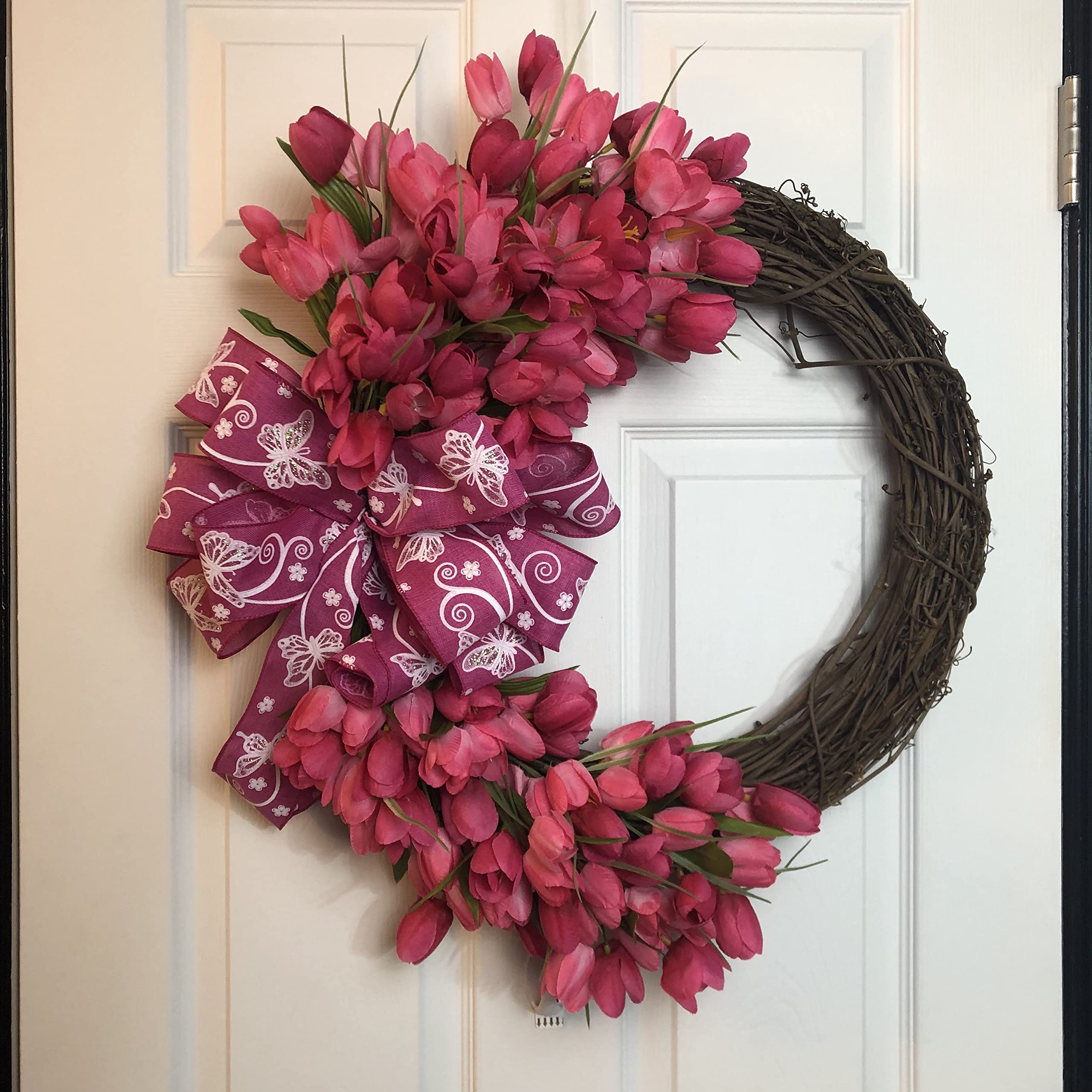Pink Tulip Wreath with Butterfly Bow - Floral Spring Summer Door Decor for Home, Wedding, Party & Garden Decoration