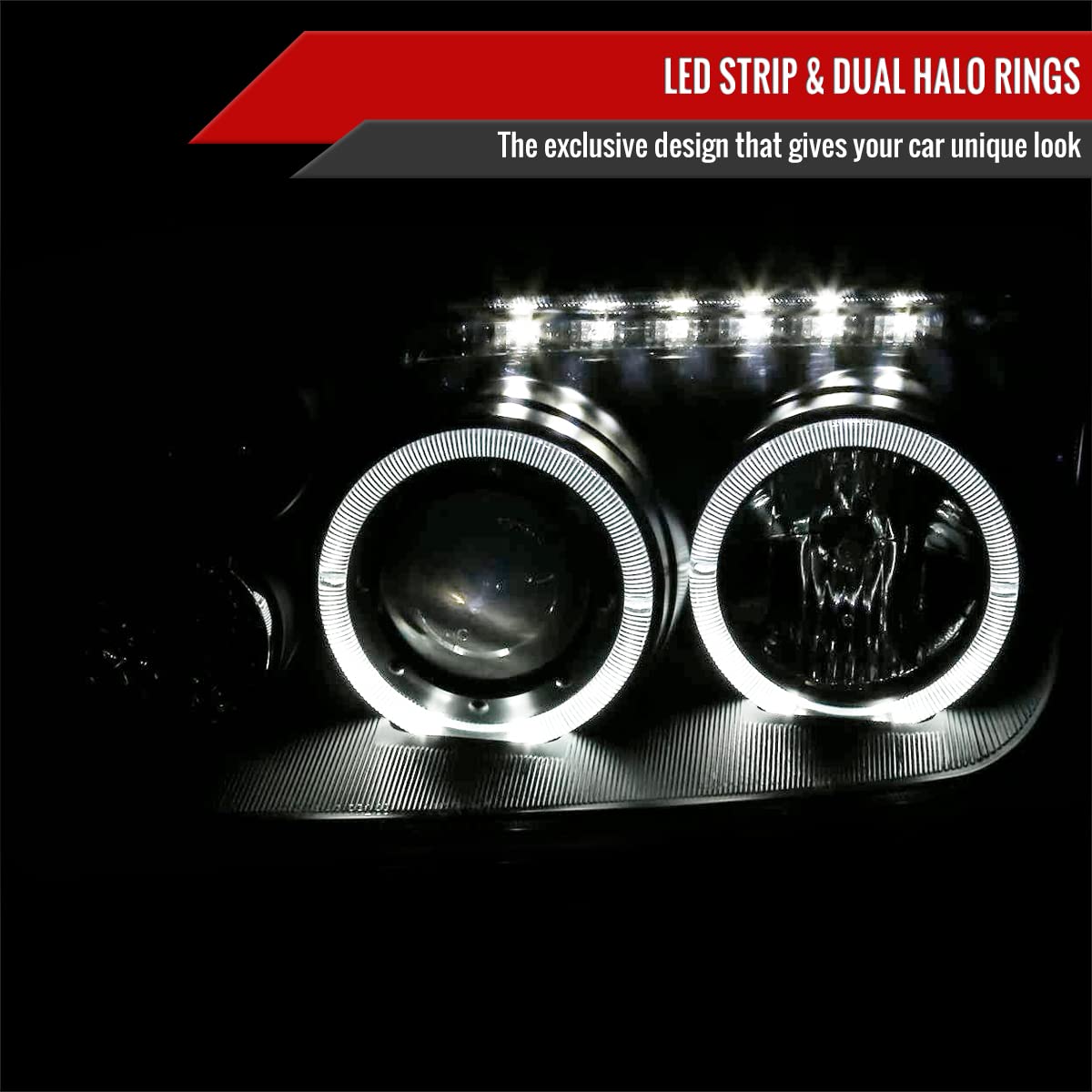 99-05 LED Halo Black Projector Headlights with Smoke Lens & Fog Lights - Upgrade Your Car's Style & Visibility for Night Driving