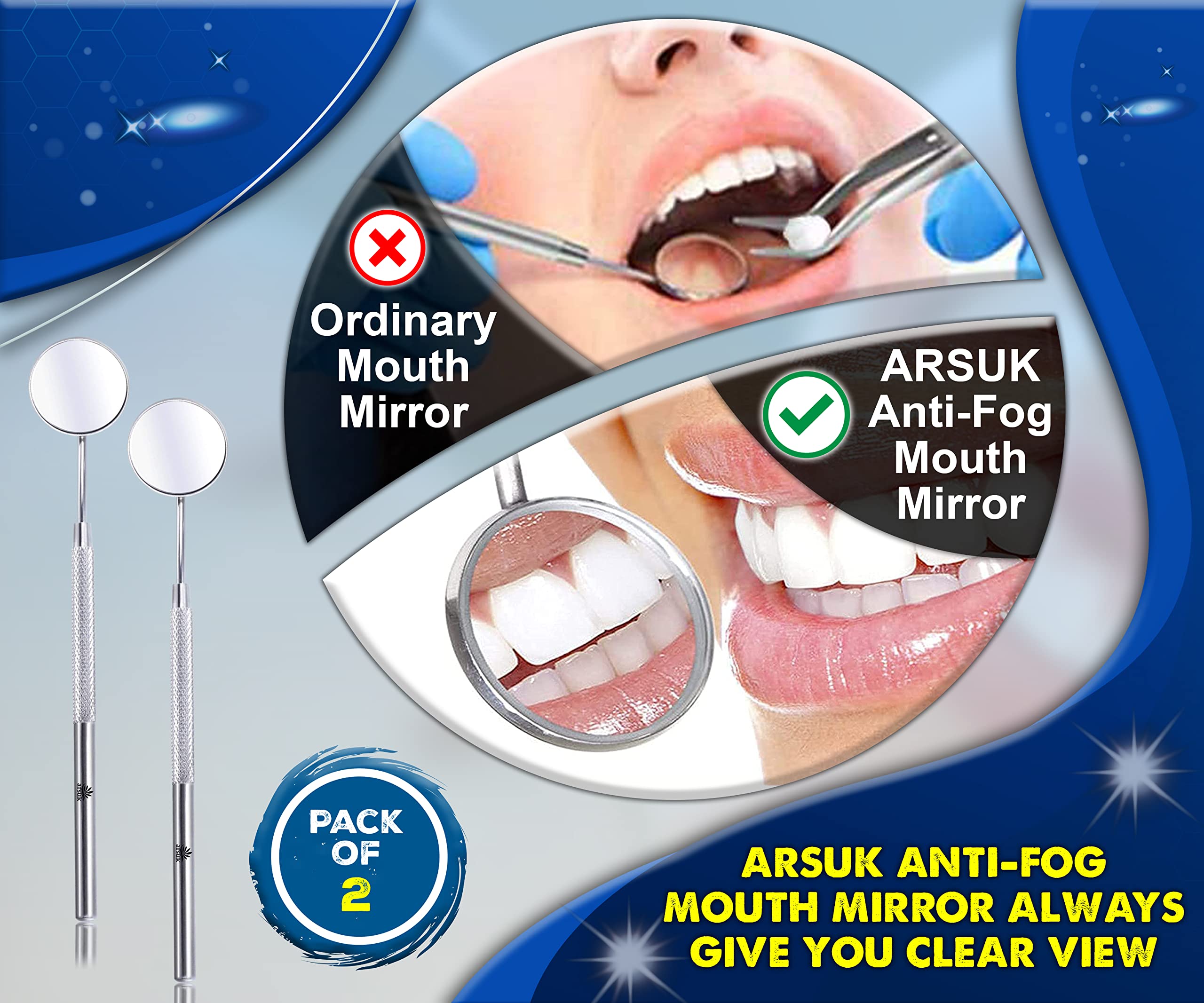 ARSUK Dental Mirror - Stainless Steel Dentist Mirror for Teeth Inspection & Oral Care - Rust-Free Dental Tool with Ergonomic Handle for Dentists, Hygienists & Home Use
