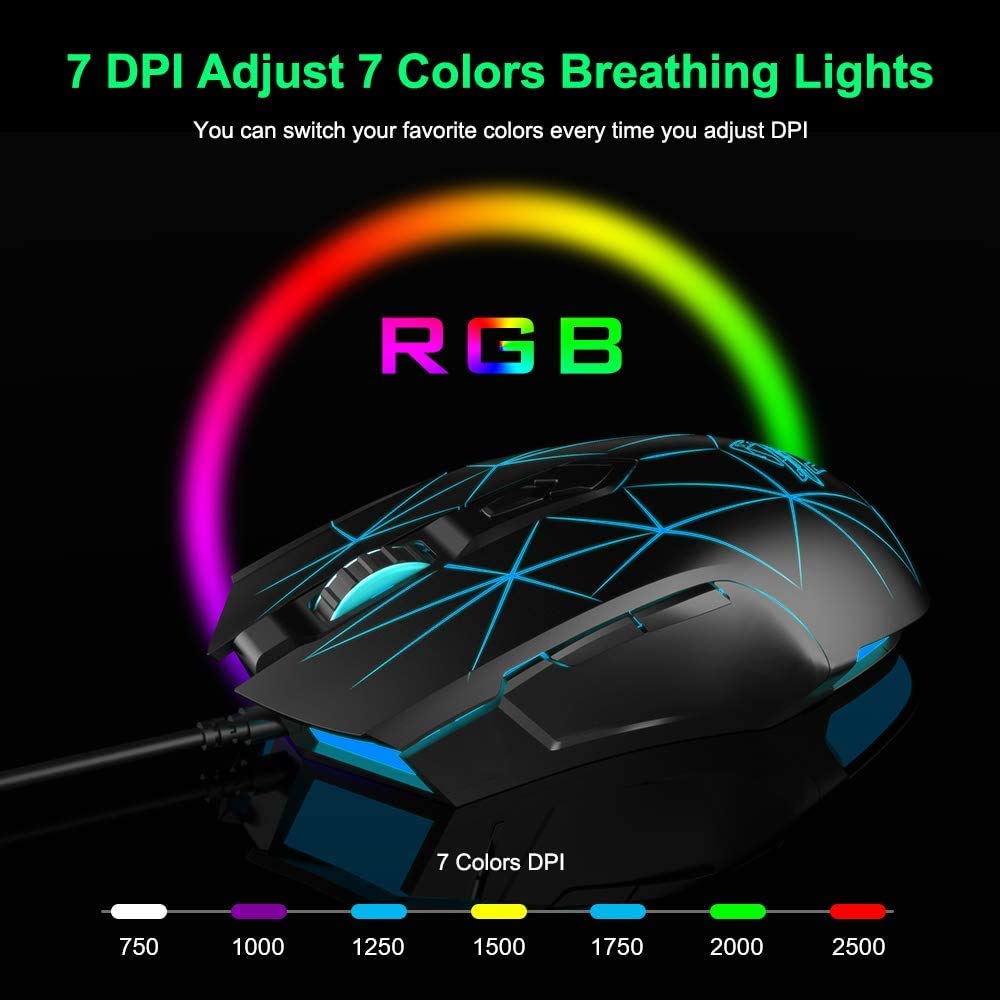 LexonElec RGB Wired Gaming Mouse - 7 Programmable Buttons, 2500 DPI Adjustable, Ergonomic USB Optical Mouse for PC Laptop (Windows/Mac/Linux Compatible) - Star Black - Best for FPS, MOBA, MMO Games & Office Work