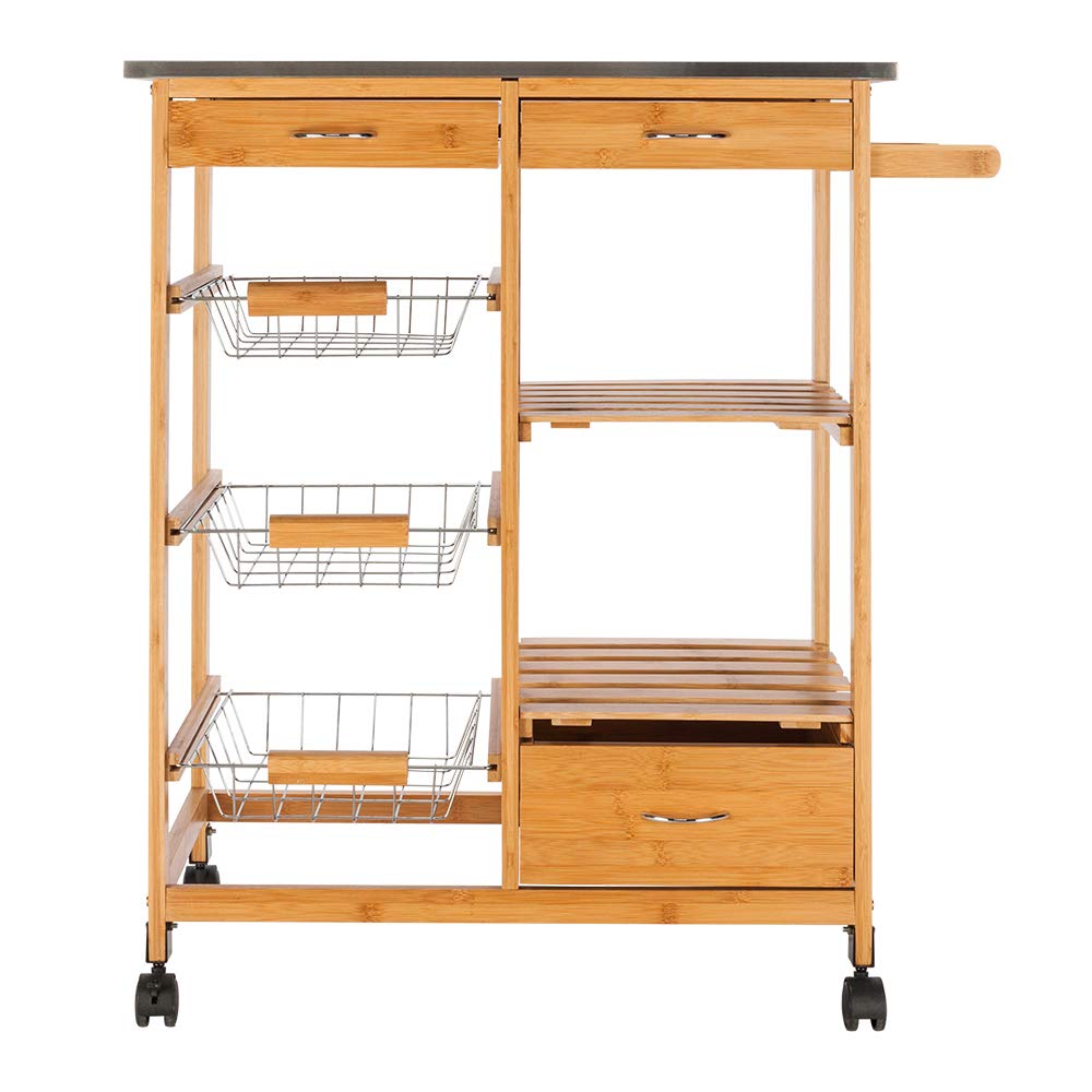 Stainless Steel Kitchen Island Rolling Cart with Wheels - 3 Drawers, 3 Baskets & 2 Storage Shelves - Moveable Microwave Cart & Utility Storage for Small Spaces - Perfect for Apartments, Dorms & Compact Kitchens
