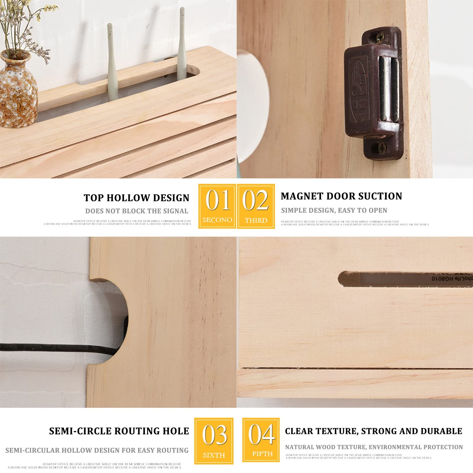 Wooden WiFi Router Storage Box - Wall Mount Network Set-Top Box Organizer with Shelf, 49x22x8cm - Perfect for Home, Bedroom & Office to Hide Cables & Organize Wireless Routers, Modems & Electronics (Natural Wood Color)