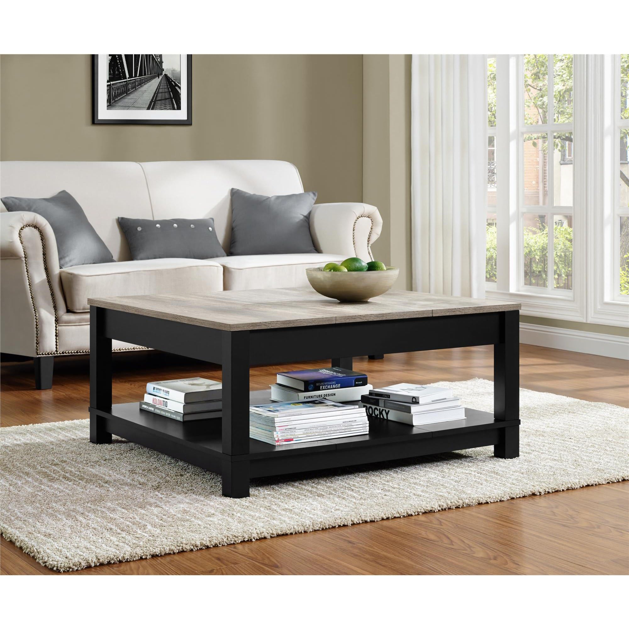 Ameriwood Home Carver Coffee Table with Open Storage - Matte Black & Distressed Wood Grain - Modern Farmhouse Living Room Furniture for Small Spaces (36.5