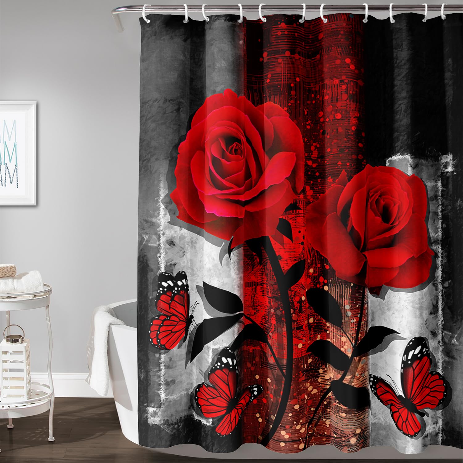 Romantic Red Rose Shower Curtain - Waterproof Floral Butterfly Bathroom Decor with 12 Plastic Hooks, 72x72 Inches, Grey Abstract Design - Perfect for Valentine's Day, Bridal Showers & Romantic Bathroom Decor