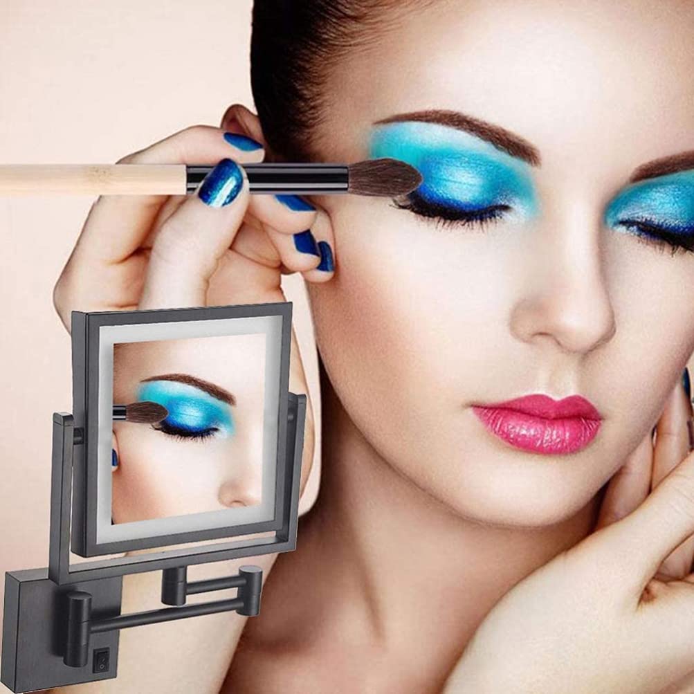 8 Inch Wall Mounted Makeup Mirror with LED Lights & 3X Magnification - Double Sided Vanity Mirror with Extendable Arm for Bathroom, Bedroom & Hotel Use - USB Charging, Black - Perfect for Makeup Application, Shaving & Skincare Routines