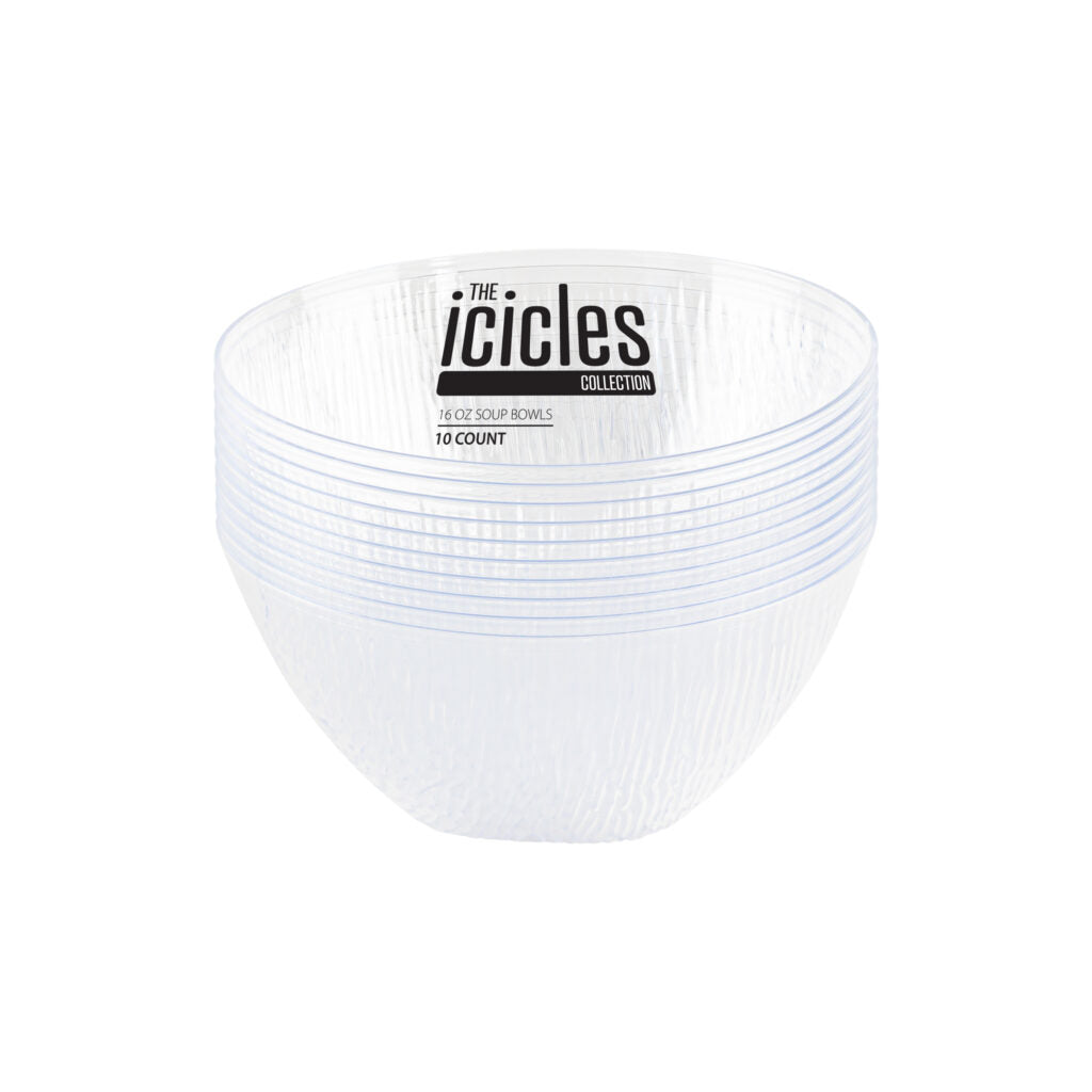 16 oz. Clear Round Soup Bowls - Set of 10 - BPA-Free Plastic Icicle Design - Perfect for Soups, Salads, Cereals & Desserts - Microwave & Dishwasher Safe
