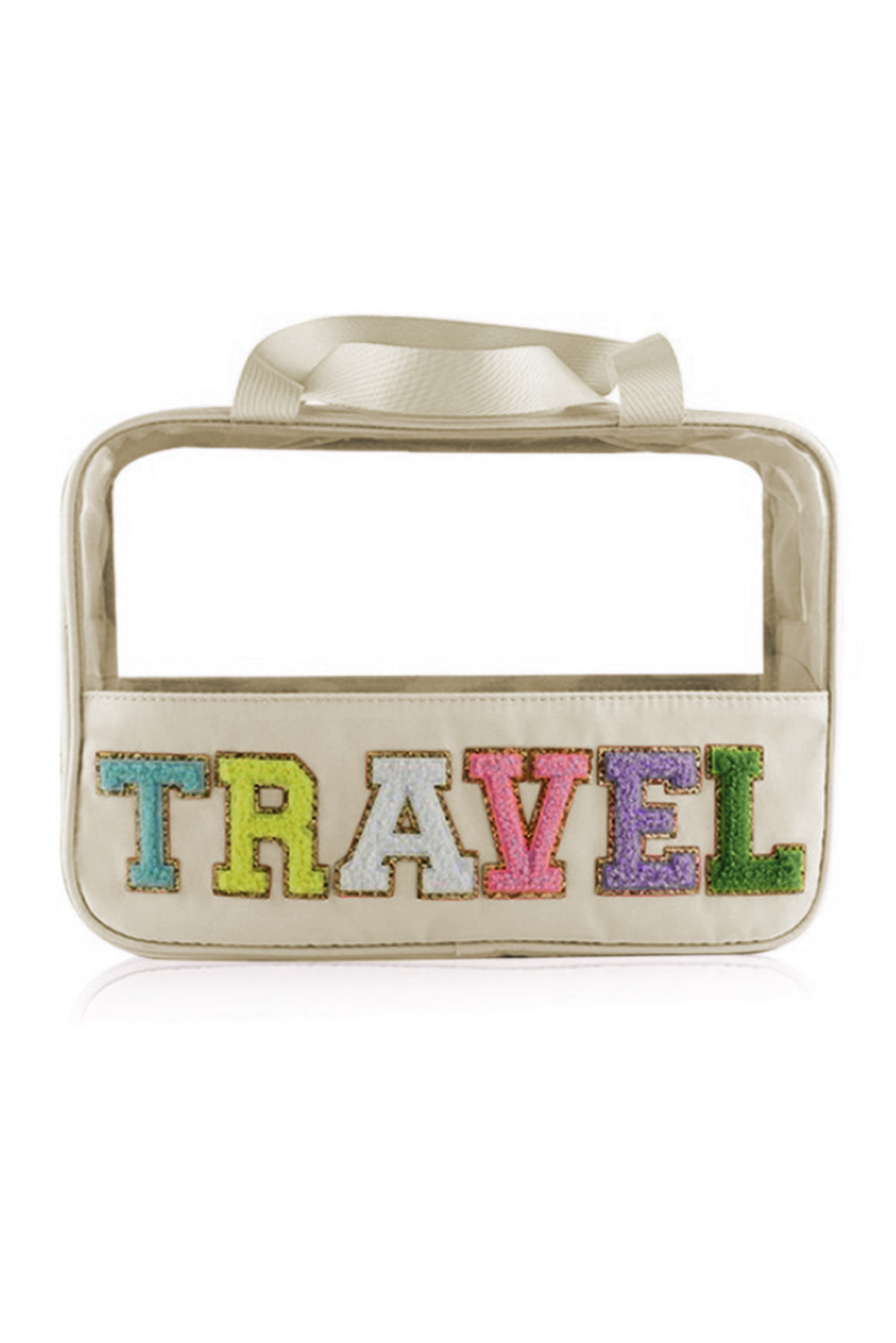 Stylish Chenille Letter Clear PVC Makeup Bag for Travel - Perfect Cosmetic Organizer for Vacation, Gym & Daily Essentials