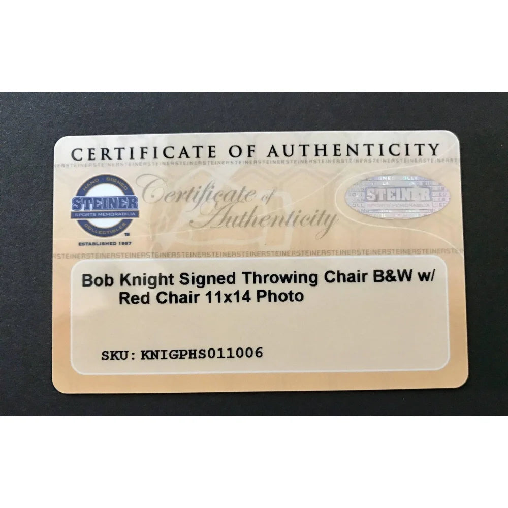 Bob Knight Autographed Indiana Hoosiers 11x14 Throwing Chair Framed Memorabilia with Steiner COA - Perfect for Sports Collectors, Man Cave Decor, and Indiana Basketball Fans
