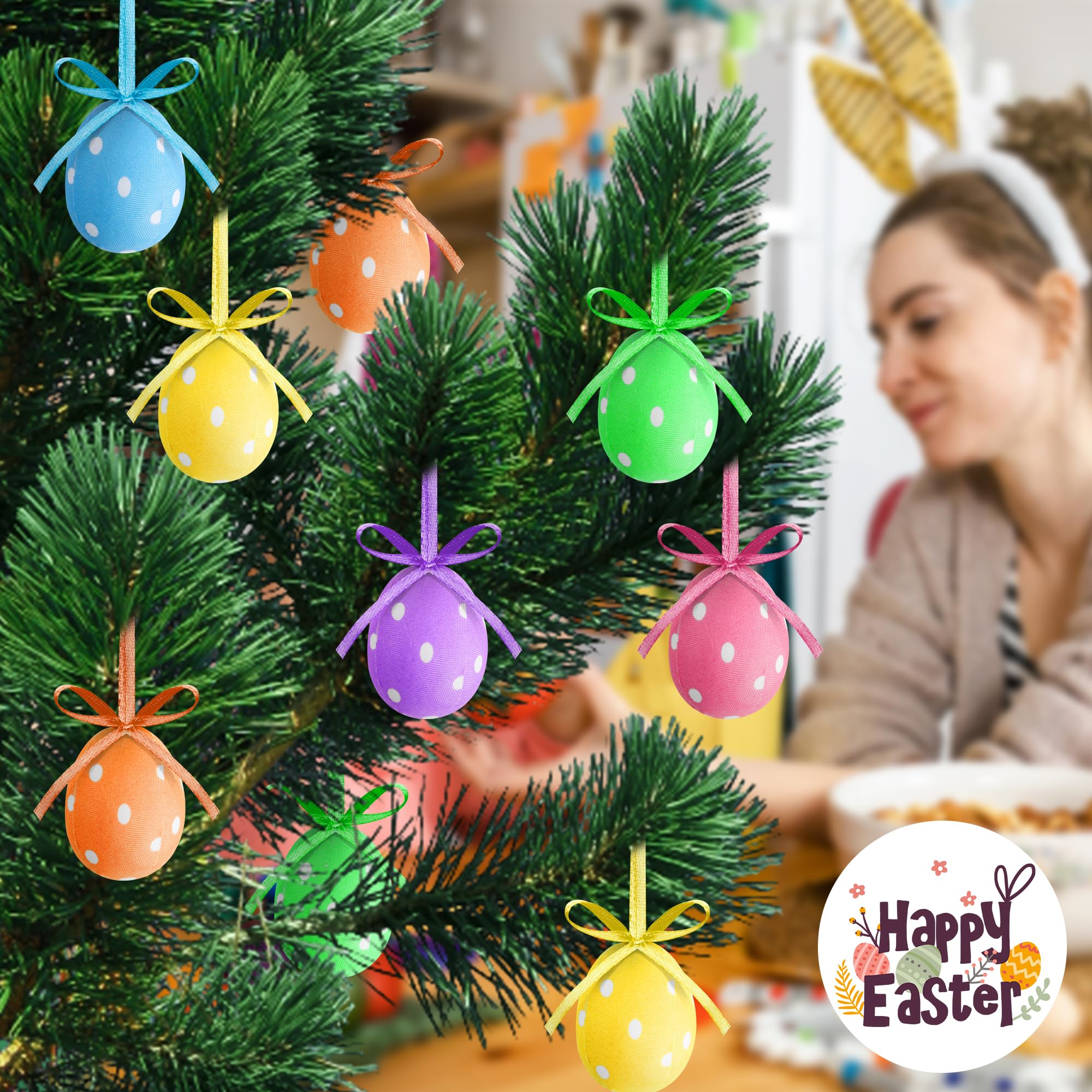 30 Pcs Easter Hanging Eggs - Mini Fabric Wrapped Easter Decorations with Bow, Dotted Easter Egg Ornaments for Party, Birthday, Home & Garden Decor - Perfect for Easter Tree, Spring Celebrations & Festive DIY Crafts