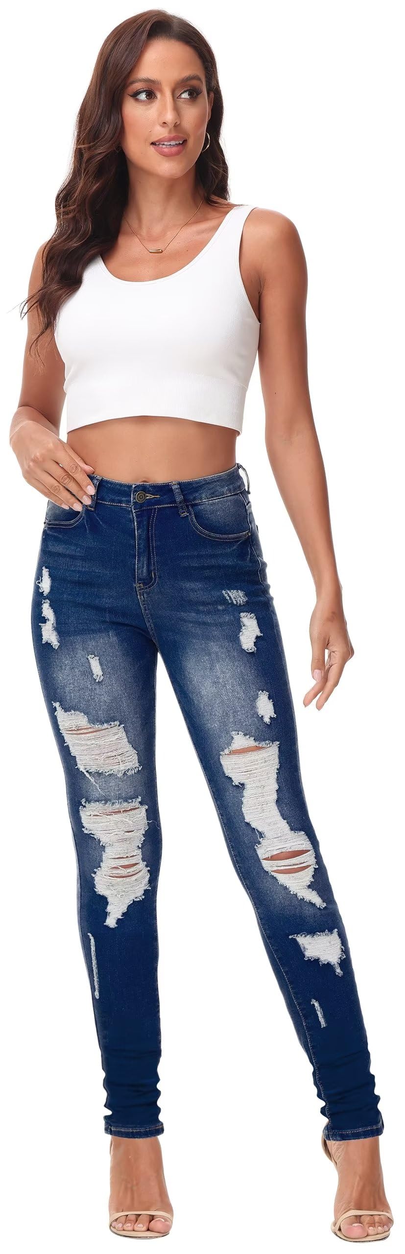 AMRSPENG Women's High Waisted Ripped Stretch Skinny Jeans - Butt Lifting Distressed Denim Pants for Casual Wear & Night Out