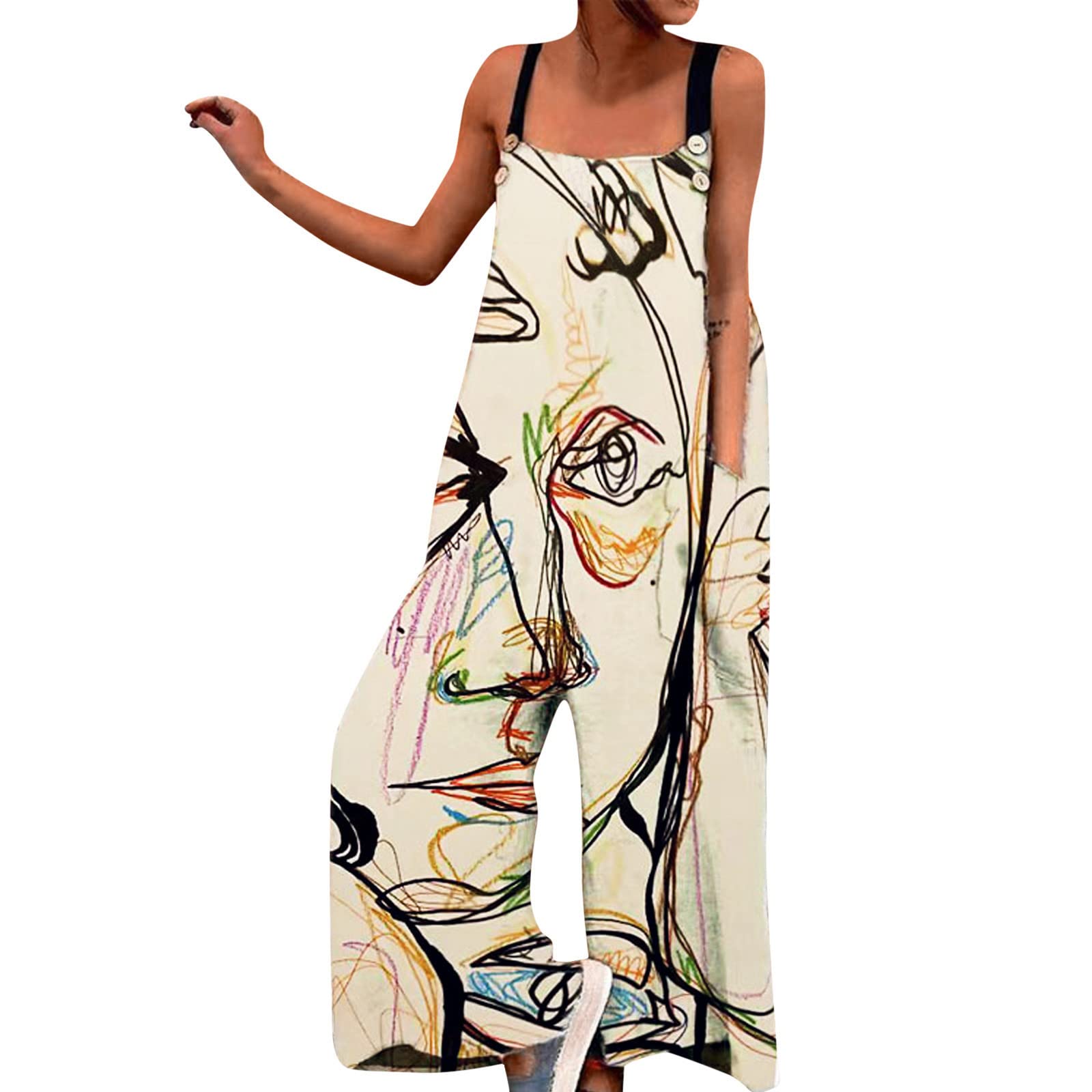 Kulywon Women's Oversized Printed Romper Jumpsuit with Pockets & Button Strap - Casual Long Sleeve Playsuit for Summer | Beach Vacation Outfit, Music Festival Wear & Street Style Fashion | Perfect for Travel, Date Night & Weekend Brunch | Great for Outdoor Activities, Shopping & Coffee Dates