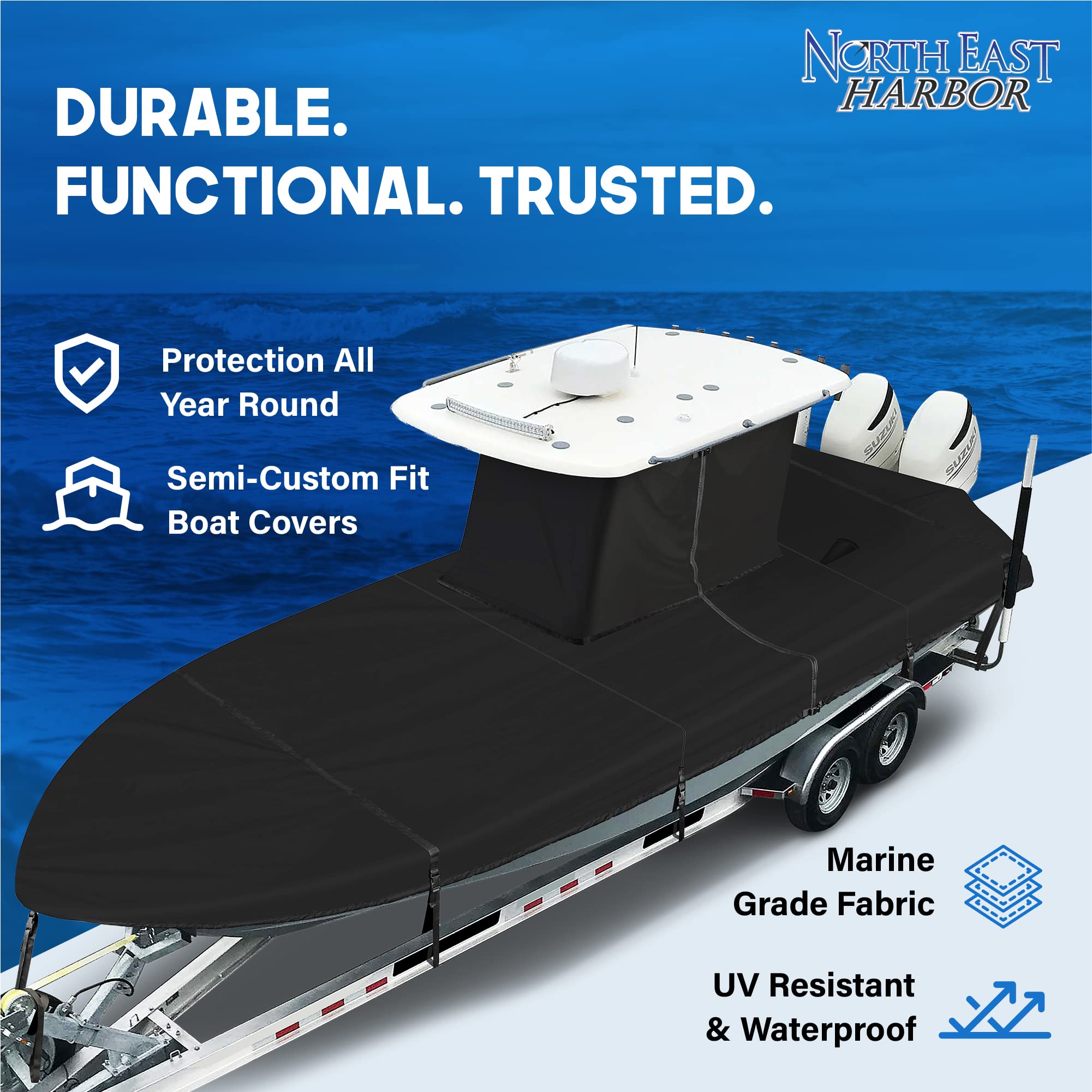 NEH T-Top Boat Cover 17-19ft - Heavy Duty Waterproof Marine Fabric, UV Fade & Rip Resistant, Trailerable Hard Top Center Console Protection - Perfect for Saltwater Fishing & Coastal Boating (Black)