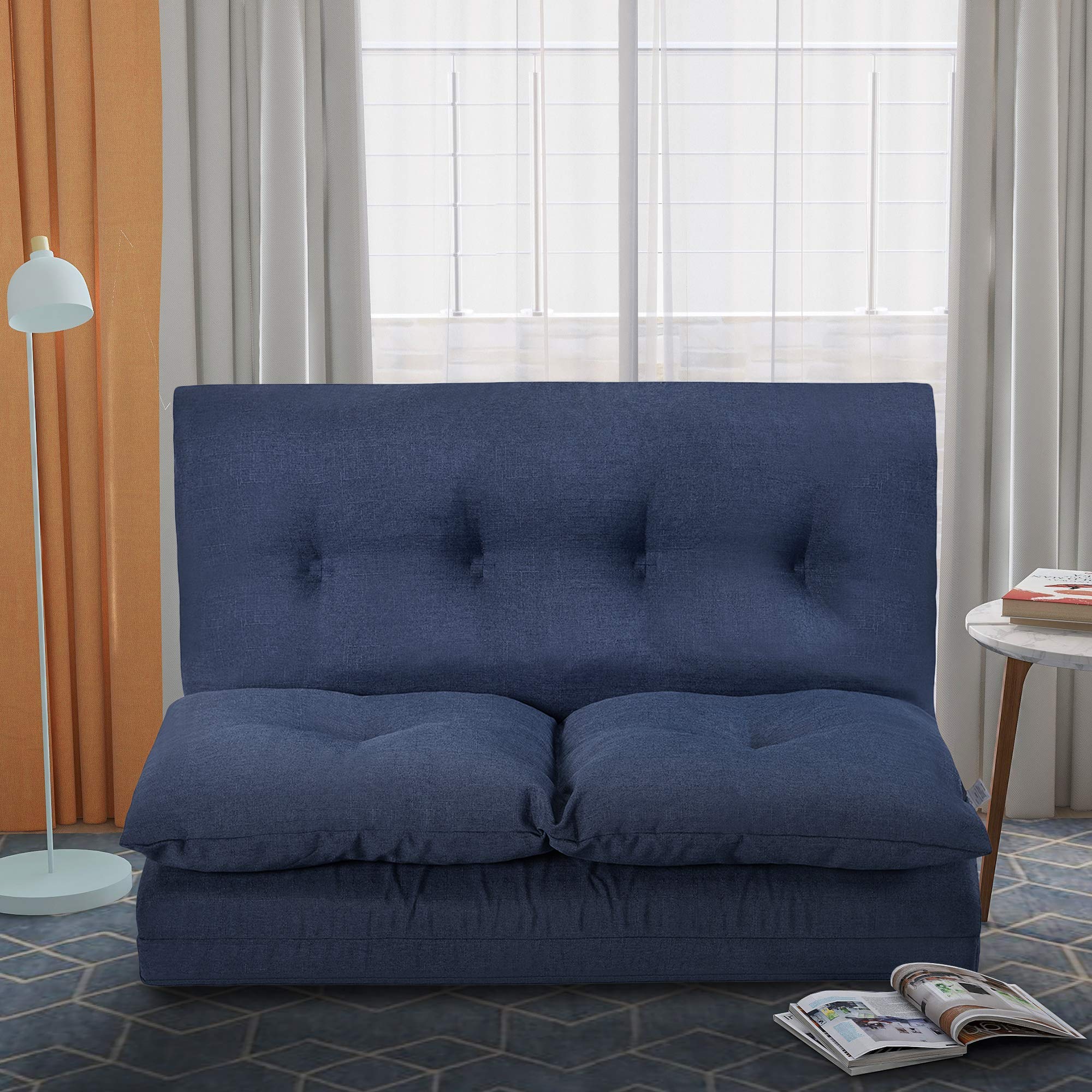 **Thickened Floor Double Chaise Lounge - Adjustable Fabric Folding Sofa Bed, Soft Cushioned Floor Couch for Living Room, Bedroom & Dorm (Navy Blue) | Perfect for Relaxing, Lounging & Small Space Living**