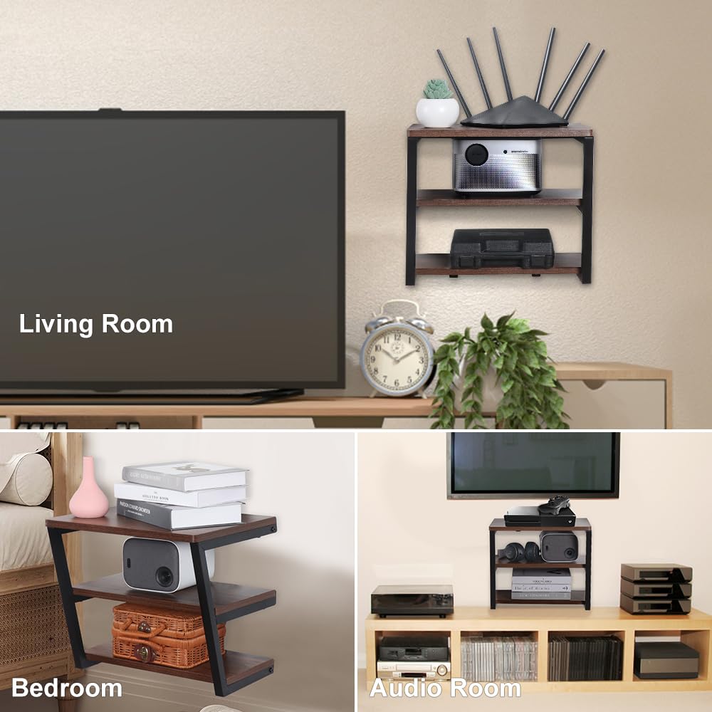 LUCKUP Floating Wall Shelves - Wall Mounted Wood AV Media Stand with 3 Shelves & Reinforced Steel Frame - Perfect for Home Theater, Living Room Entertainment Center & Bedroom Storage