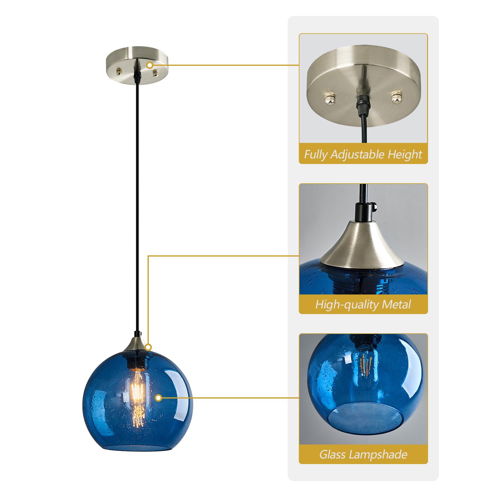Modern Blue Glass Pendant Lights - 3-Pack Globe Pendant Light Fixtures for Kitchen Island, Bedroom, Living & Dining Room (7.87in) | Stylish Ambient Lighting for Home Decor & Restaurant Settings