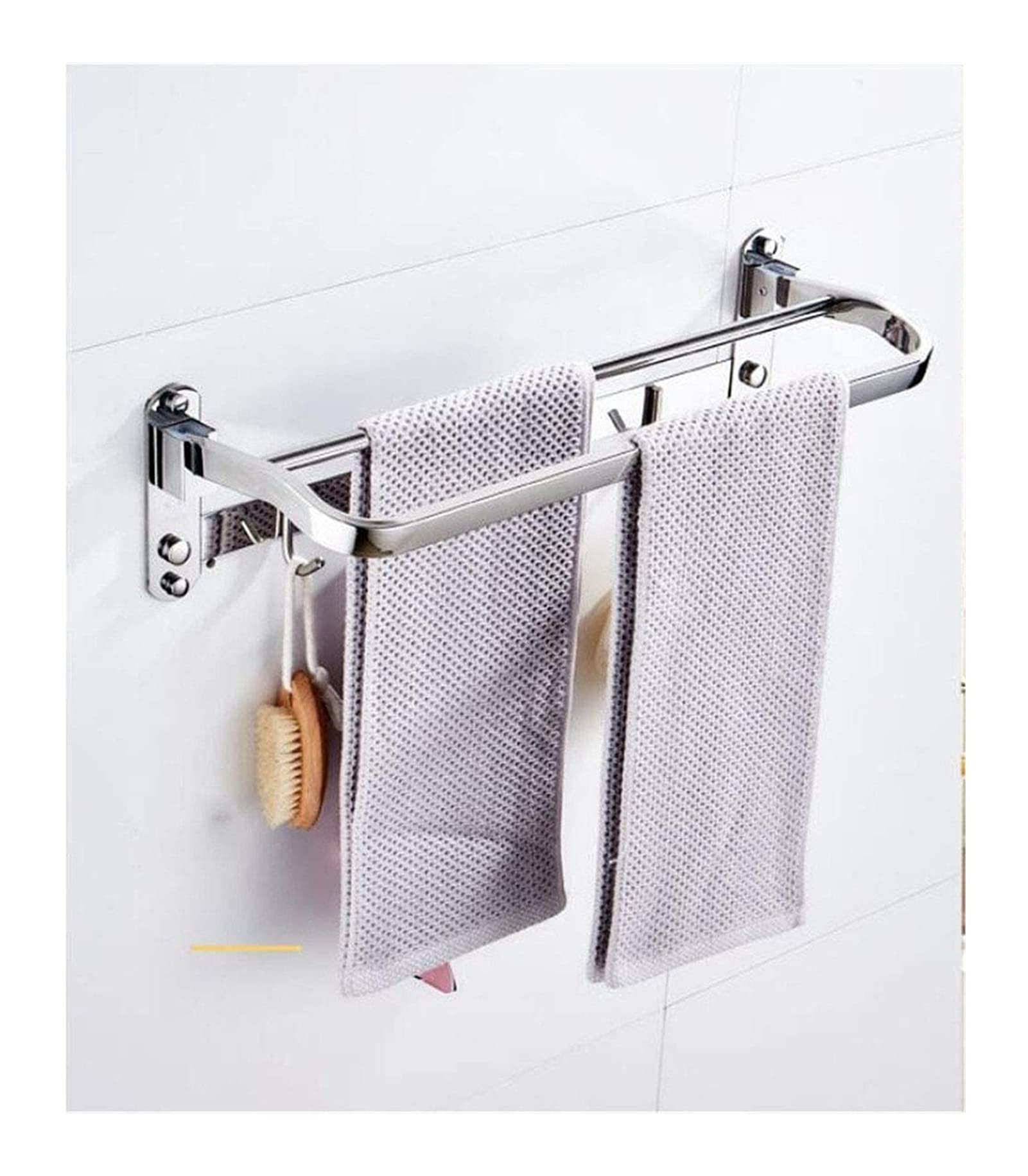 Premium 304 Stainless Steel Foldable Towel Rack - Double Pole Polished Bathroom Towel Holder with Hooks - Wall Mounted Towel Bar for Kitchen & Bathroom (20 Inch/50cm) - Space Saving Storage Solution for Small Bathrooms & Modern Kitchens