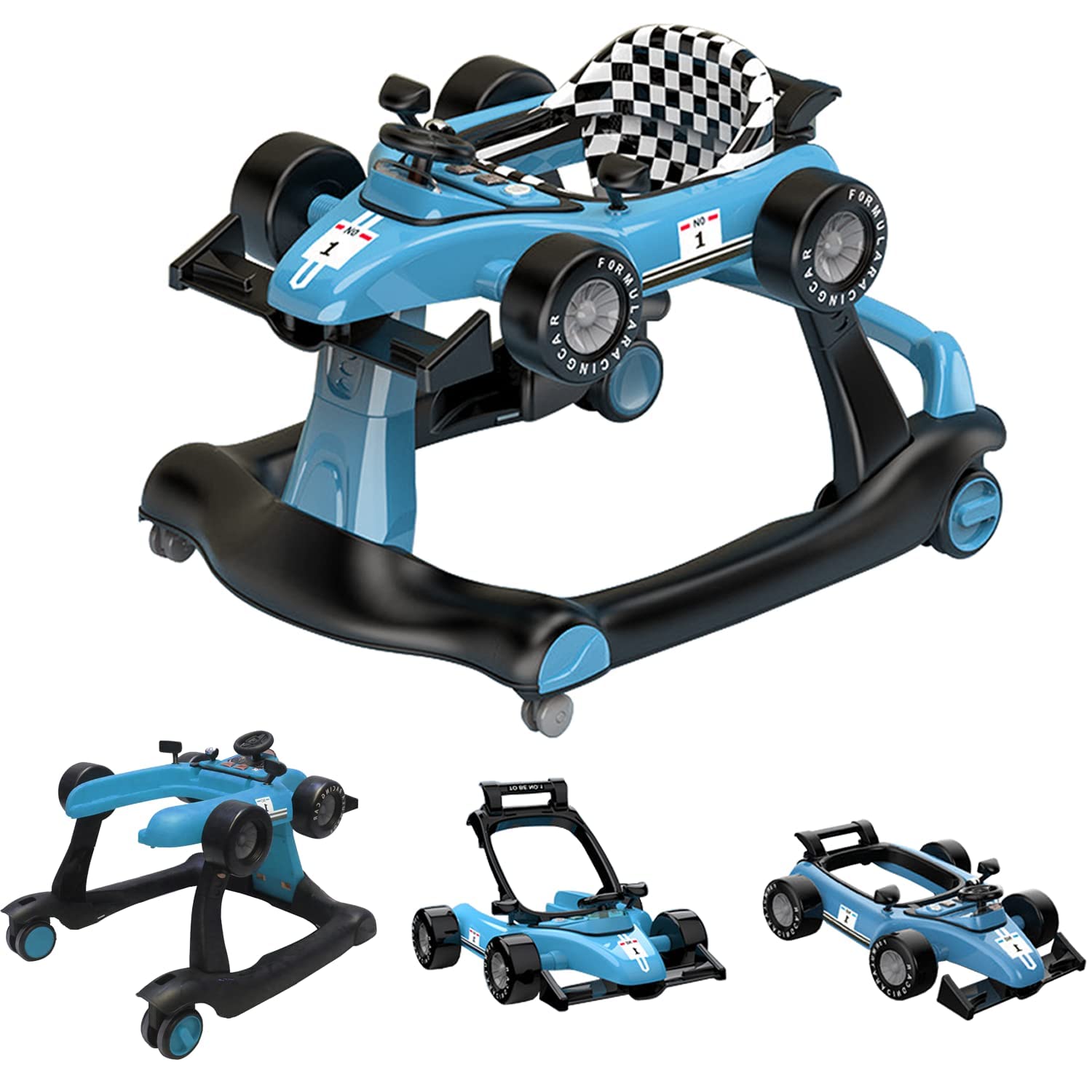 4-in-1 Foldable Baby Walker with Adjustable Height & Speed - Interactive Activity Walker with Music, Lights & Steering Wheel - Safe Push Walker Toy for Boys & Girls 6-18 Months (Blue) - Perfect for Learning to Walk & Indoor Playtime
