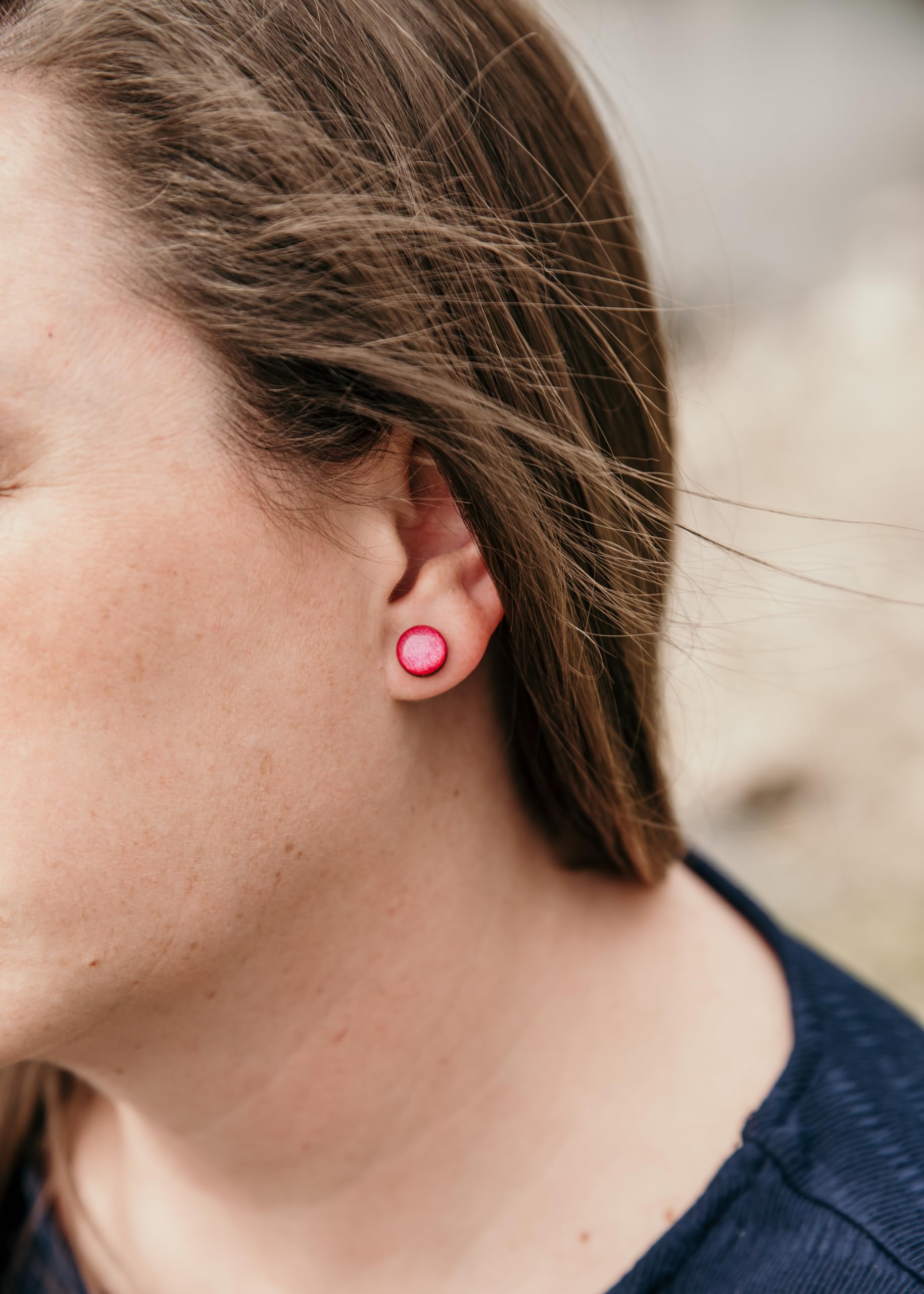 Handmade Stud Earrings for Women & Men - 10mm Shimmer Stainless Steel Earrings for Sensitive Ears | Hot Pink Shimmer | Perfect for Daily Wear, Parties & Gifts