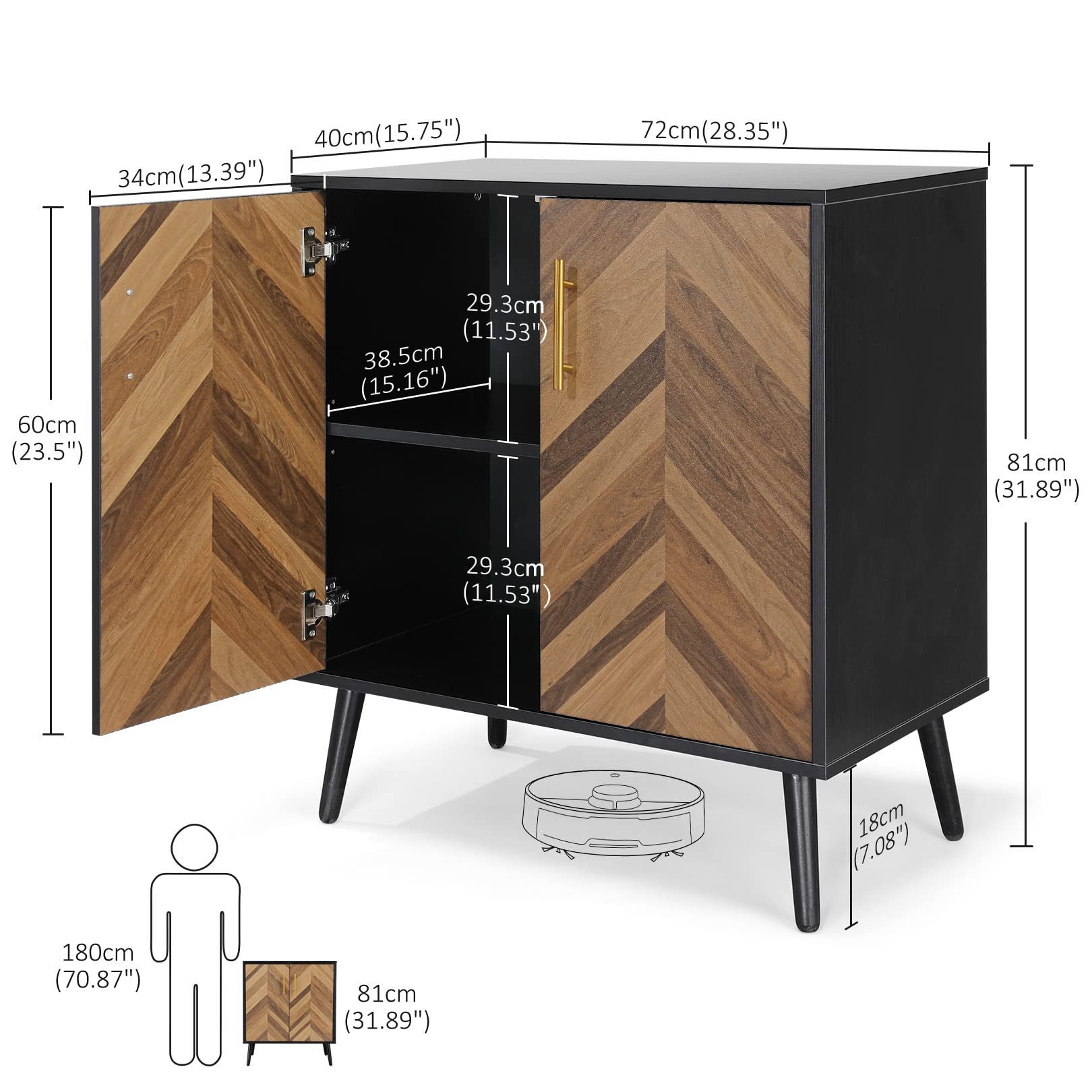 Mid Century Modern Black Accent Cabinet with Doors & Storage Shelves - Small Wood Sideboard Buffet Cabinet for Living Room, Entryway, Office - Brown Herringbone Design - Perfect for Home Decor & Storage Solutions