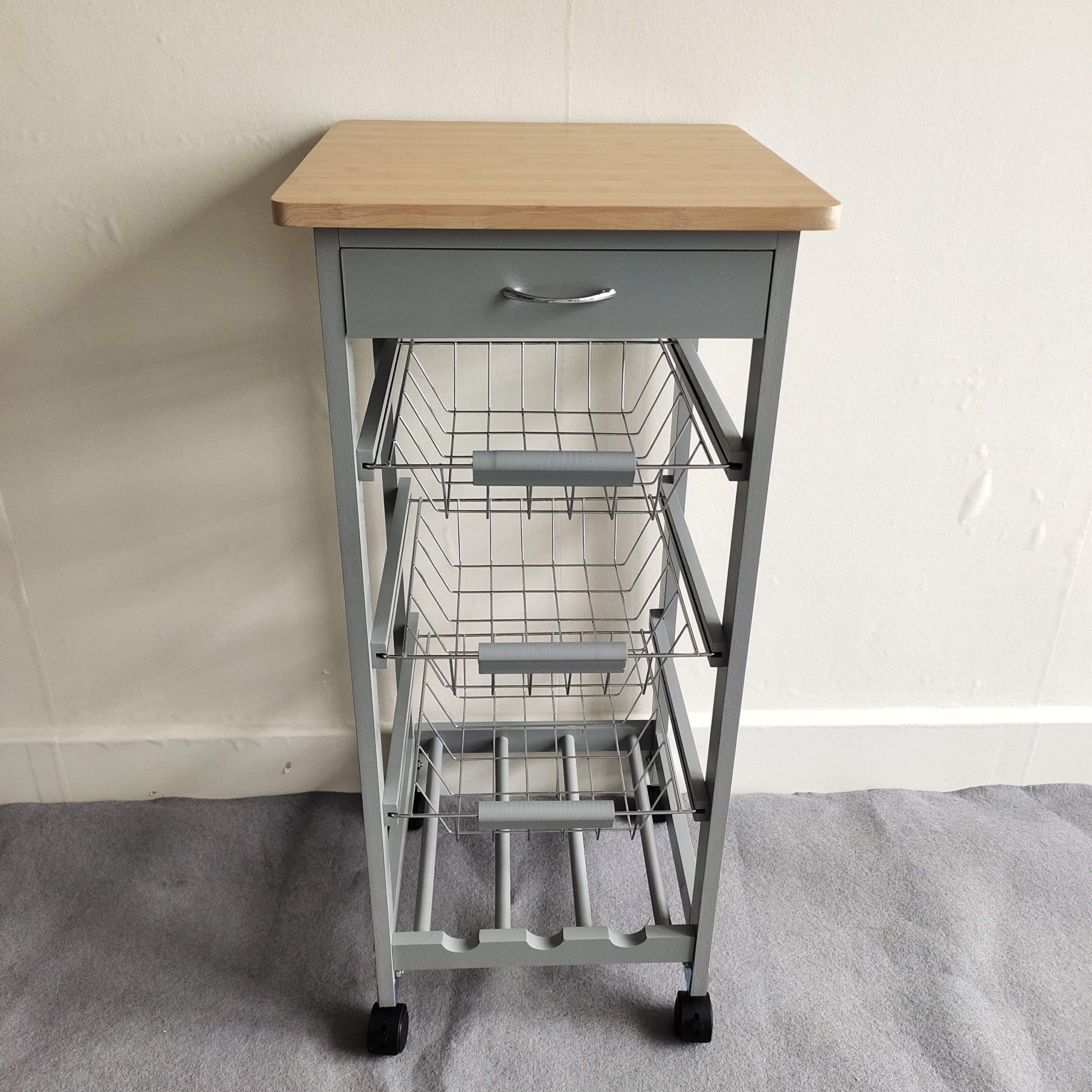 3-Tier White Wooden Kitchen Utility Cart with Wheels - Rolling Storage Organizer with 3 Baskets & Wine Rack - Mobile Storage Solution for Dining Room, Pantry or Living Room - Natural & Grey Finish