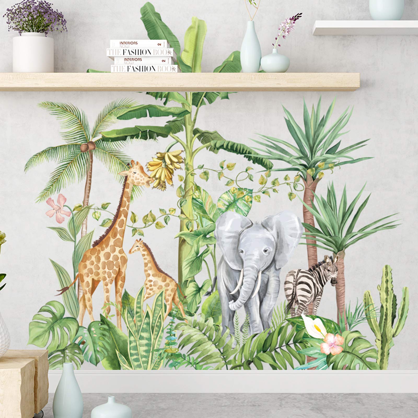 Cartoon Tropical Rainforest Animal Wall Stickers - Removable Jungle Elephant Giraffe Zebra Decals for Kids Bedroom, Nursery & Home Decor | Perfect for Children's Room Themes, Playroom Murals & DIY Wall Art Projects