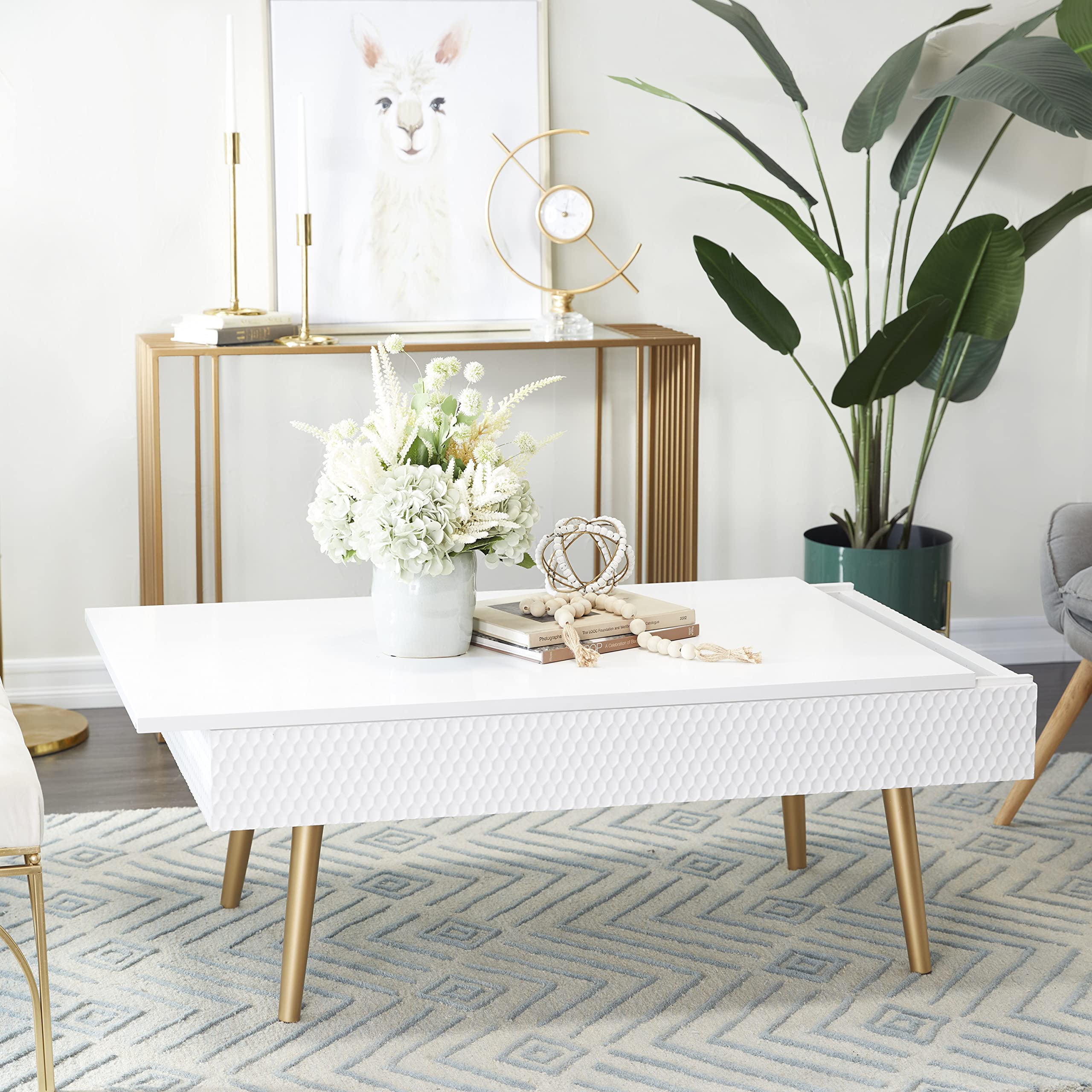 Deco 79 White Wood Coffee Table with Storage & Gold Legs for Living Room