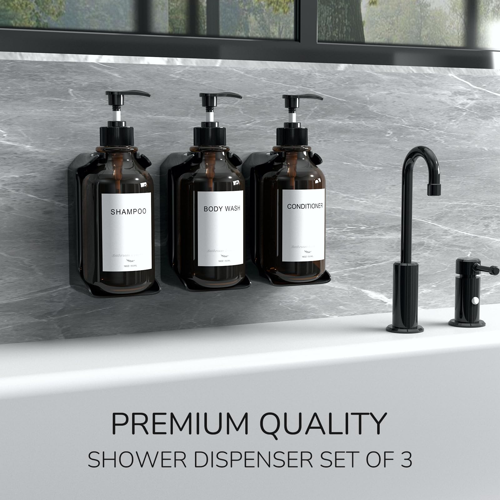 Modern 3-Chamber Shampoo and Conditioner Dispenser Set - No Drill Wall Mounted 16oz Bathroom Shower Soap Dispenser with 6 Labels, Easy Refill for Shampoo, Conditioner & Body Wash - Amber - Perfect for Spa-Like Showers, Guest Bathrooms & Organized Family Homes