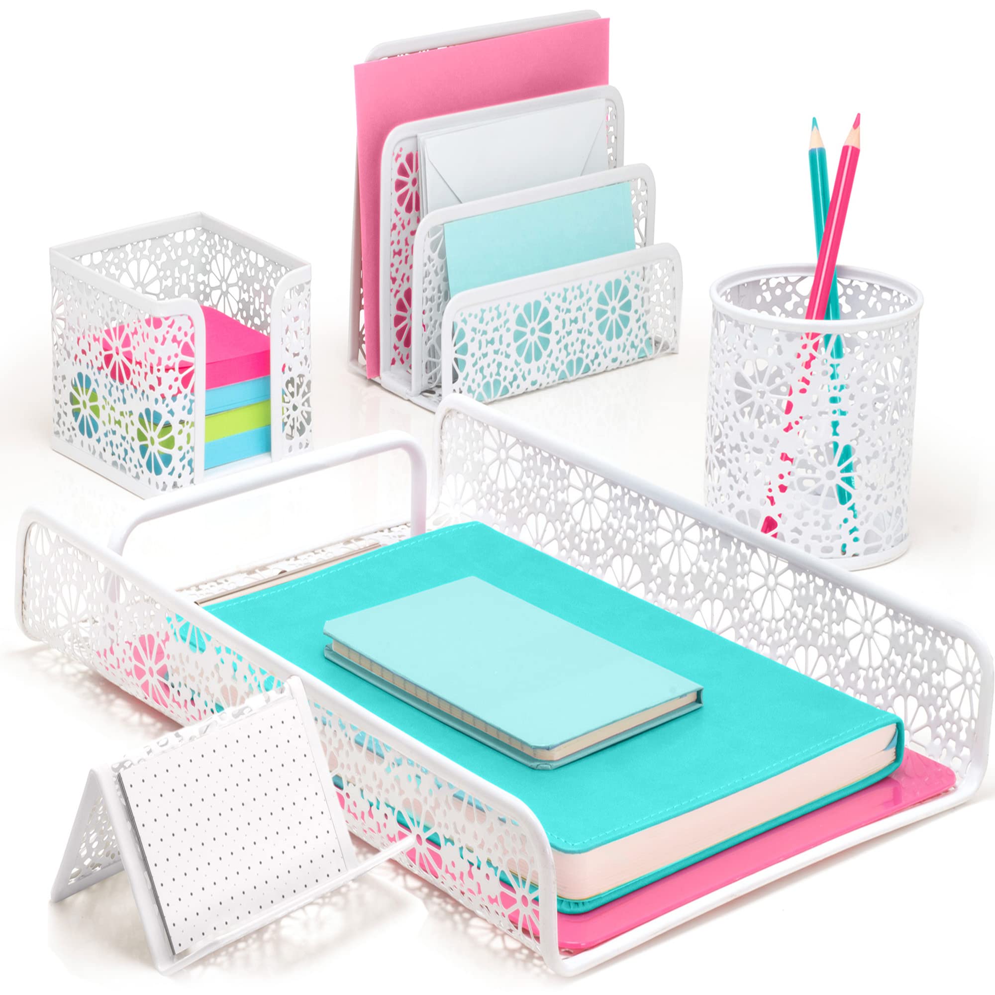Hudstill White Floral Desk Organizer Set - Office Supplies Organizer with Paper Tray, Mail Holder, Pen Cup, Sticky Notes & Business Card Holder - Perfect for Women's Home Office Decor & Workspace Organization