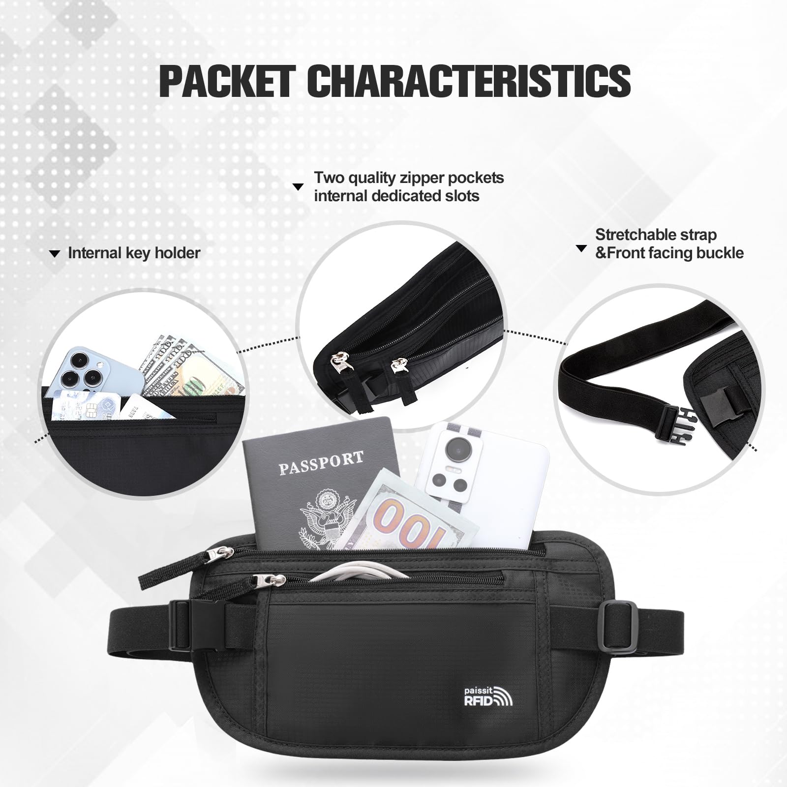RFID Blocking Unisex Travel Money Belt - Slim Passport Holder & Adjustable Waist Pouch for Men & Women | Perfect for Workout, Running, Hiking & Travel | Black with 8 Card Sleeves