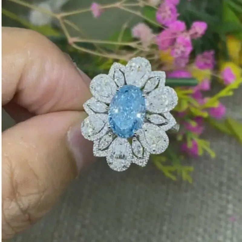 IGI Certified 14k Gold 3.19CT Fancy Intense Greenish Blue CVD Lab Grown Diamond Flower Shape Oval Cut Ring for Women - Perfect for Engagement, Anniversary & Special Occasion Jewelry