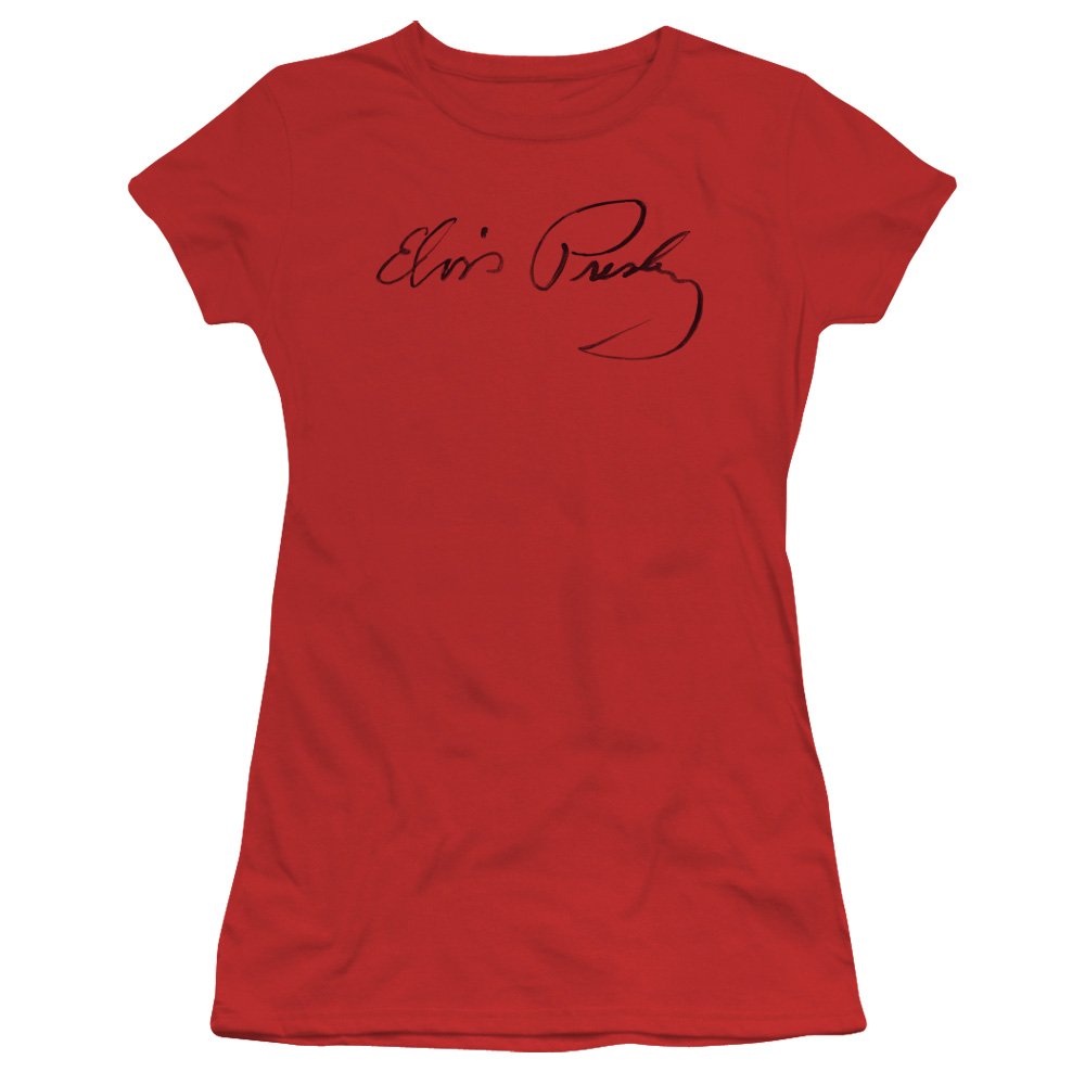 Elvis Presley Signature Sketch Girls Junior Red T-Shirt - Vintage Rock Music Tee for Women & Teens - Perfect for Concerts, Parties & Casual Wear
