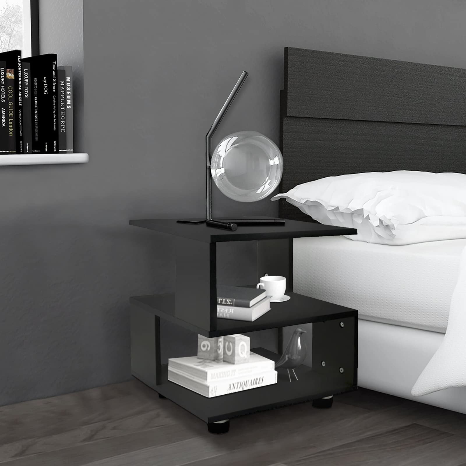 Modern Black & White Magic Cube Nightstands - 2-Tier Rectangular Hollow Design Irregular Side Tables for Bedroom - Contemporary Fashion Bedside Tables with Storage Space - Perfect for Small Spaces, Dorm Rooms & Modern Home Decor