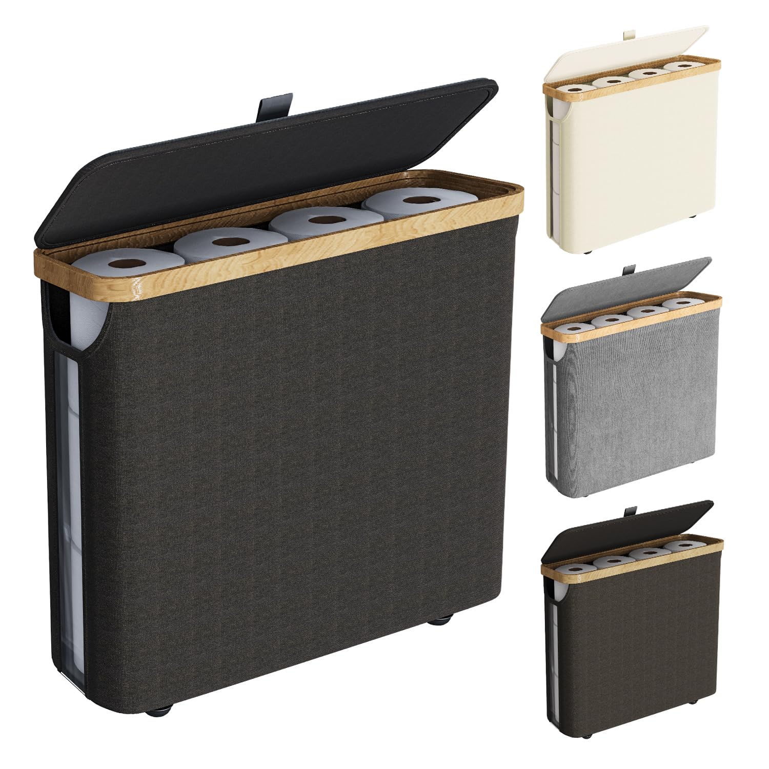 Bamboo Lid Toilet Paper Storage Basket - Holds 12 Rolls, Free Standing Bathroom Organizer with Storage Space - Perfect for Small Bathrooms, Apartments & Vanity Organization (Black)
