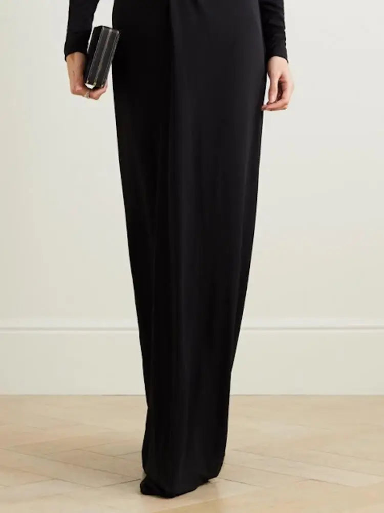 Freeacy Women's Solid Black Deep V-Neck Long Sleeve Floor Length Wrap Dress - Slim Fit Evening Gown for Formal Parties, Weddings & Special Occasions