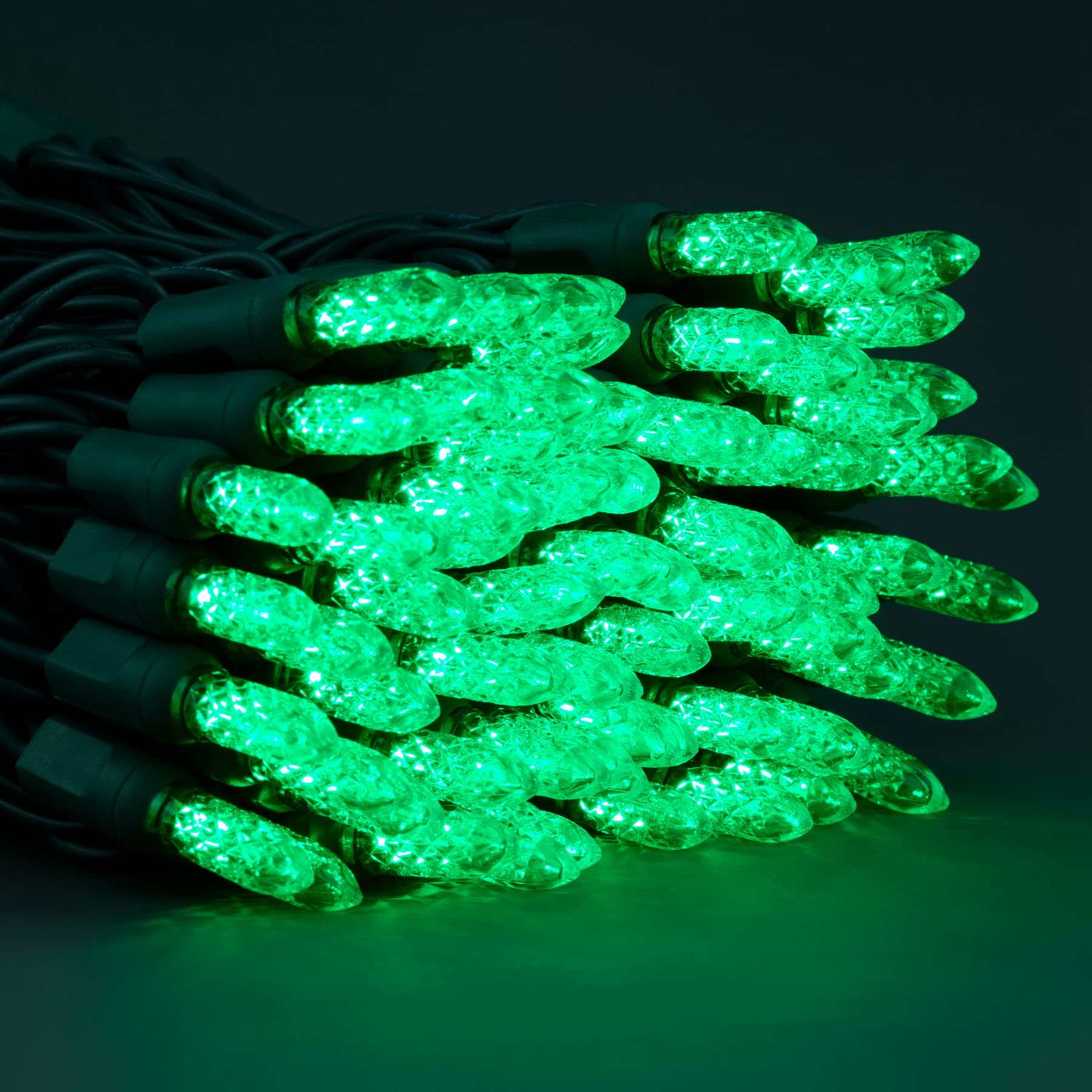 YULETIME Green Faceted LED Christmas Lights - Waterproof UL Certified Holiday String Lights for Indoor/Outdoor Decorations | Perfect for Christmas Trees, Porches, and Garden Party Lighting
