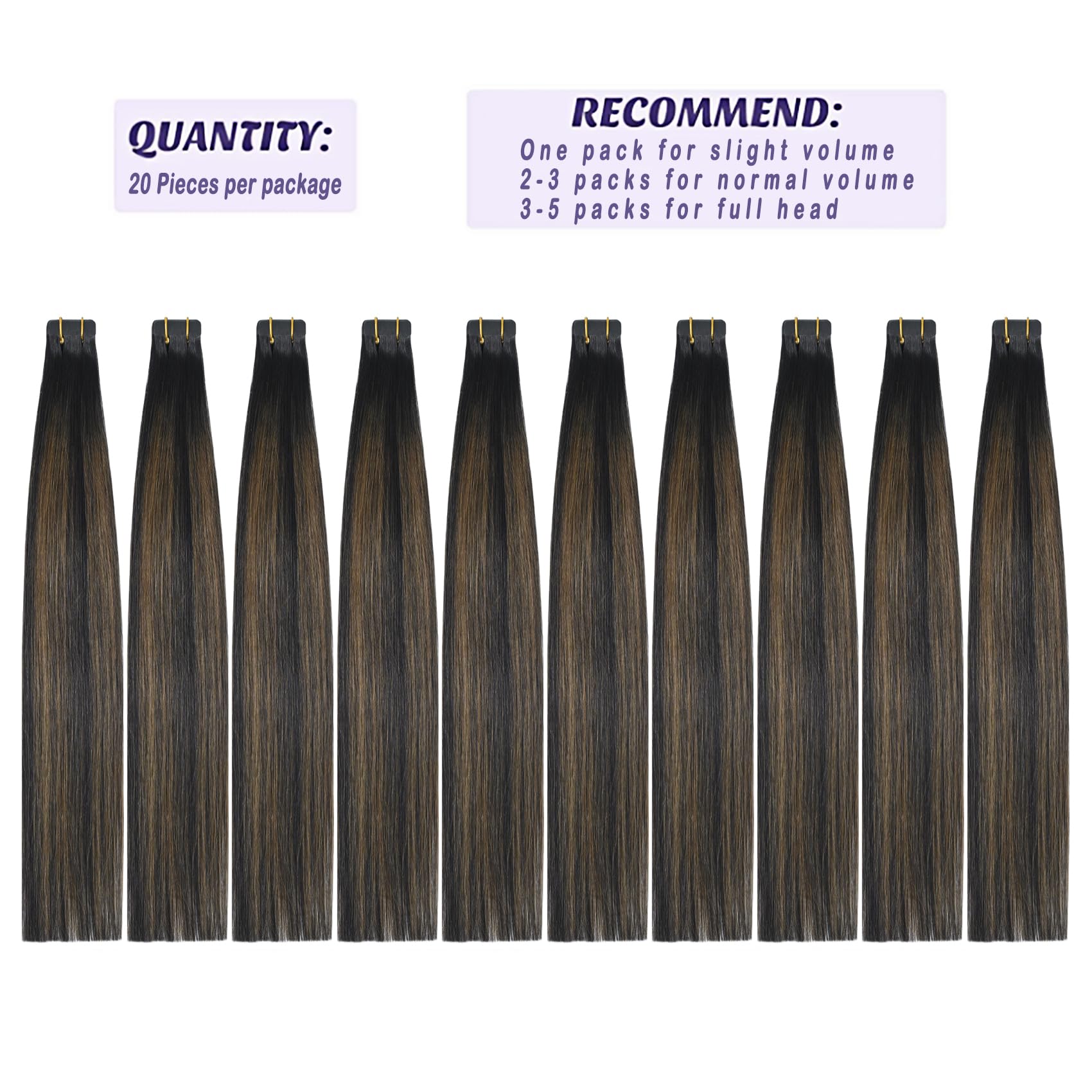 Ombre Black to Light Brown Human Hair Extensions 16 Inch - Silky Straight 30g 20pcs Natural Black to Chestnut Brown Highlight Tape-in Hair | Perfect for Daily Styling, Parties & Special Occasions