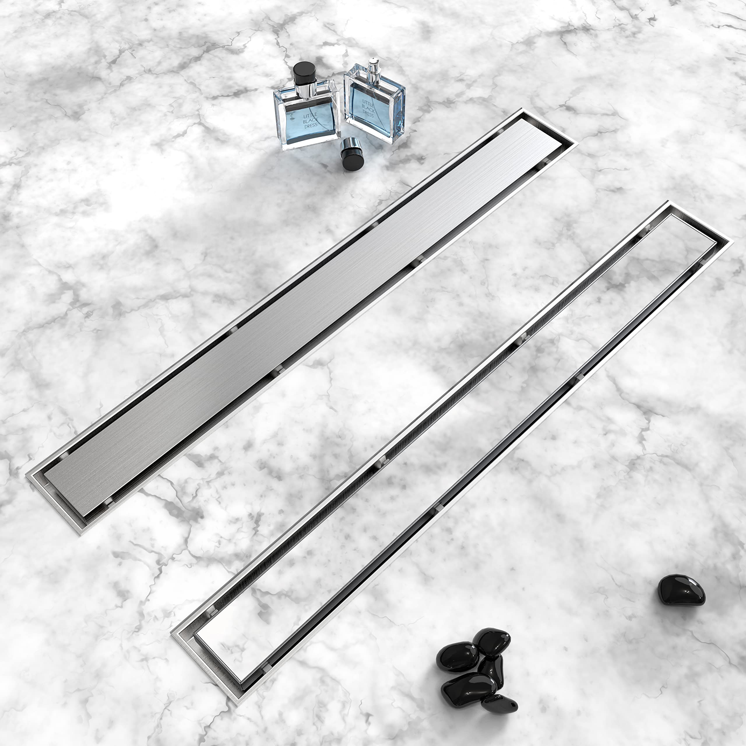 60 Inch Linear Shower Drain Brushed Nickel - 2 in 1 Tileable Shower Floor Drain with Adjustable Feet & Hair Filter - 304 Stainless Steel Shower Drain with Tile Insert Grate - Perfect for Modern Bathroom Renovations and Walk-in Showers