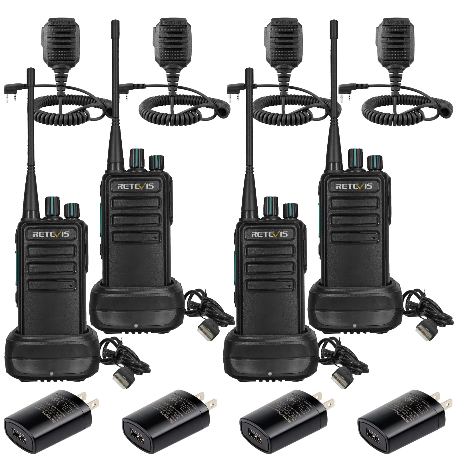 Retevis RB29 Long Range Two Way Radios (4 Pack) - Waterproof Walkie Talkies with USB Charging Base & Shoulder Mic for Construction, Business & Industrial Use - Perfect for Worksite Communication & Outdoor Activities