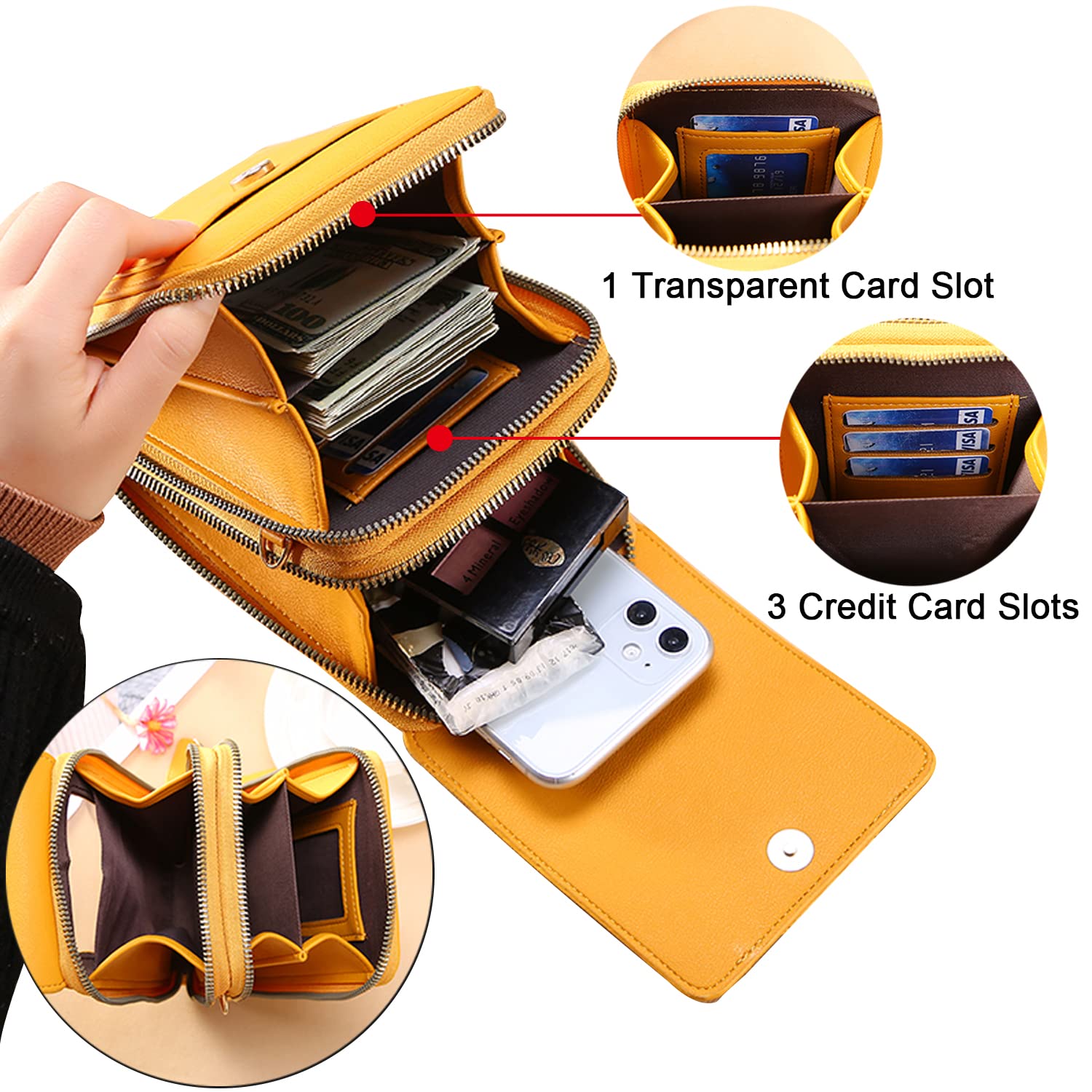 HUASUN Women's PU Leather Wallet with Touch Screen Window & Adjustable Shoulder Strap - Crossbody Phone Pouch for iPhone, Cards & Cash - Perfect for Shopping, Travel & Daily Use