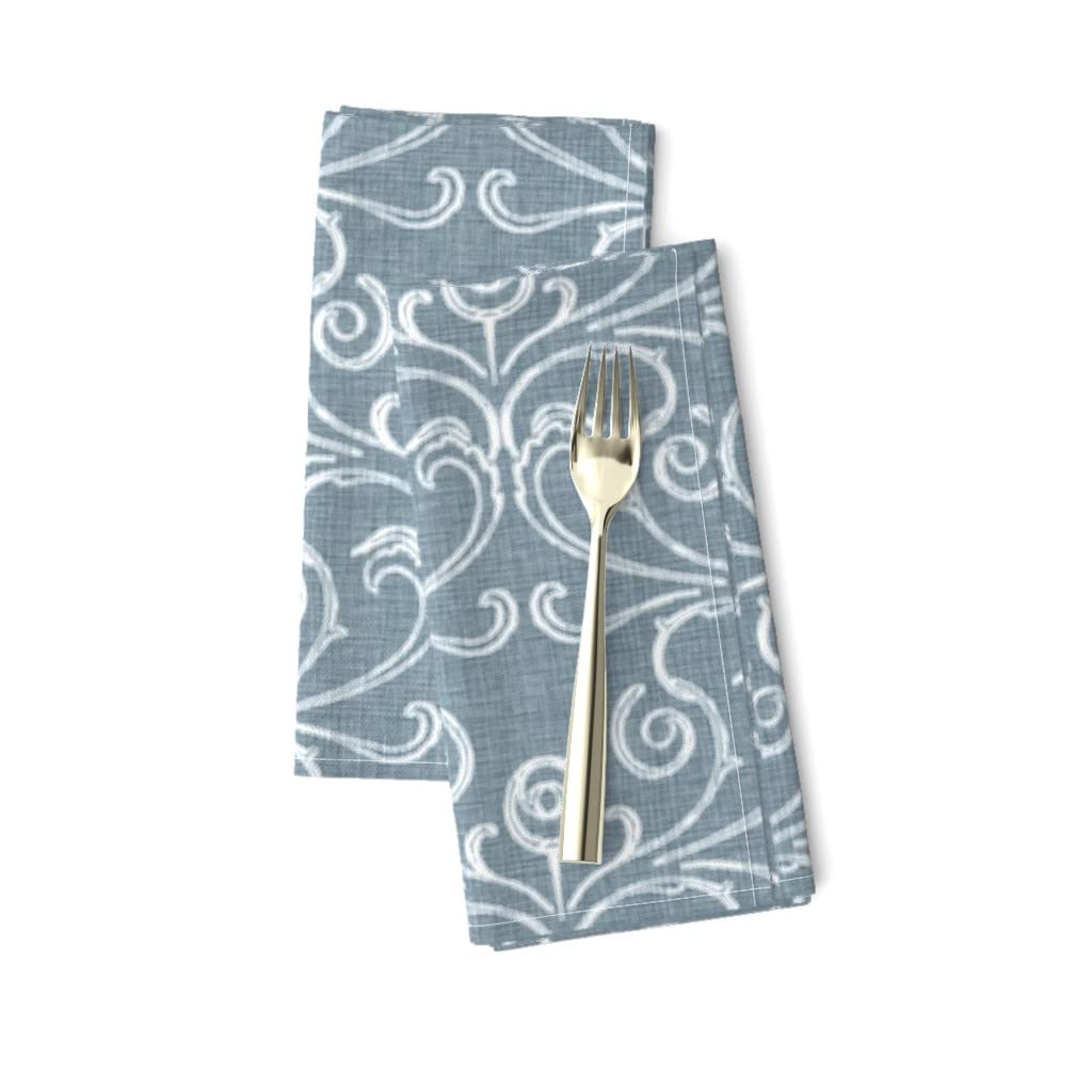 Premium Linen Cotton Canvas Dinner Napkins Set of 2 - Vintage Faded French Blue Roses Damask Floral Print, Shabby Chic Style | Perfect for Farmhouse Dining, Wedding Decor & Special Occasions