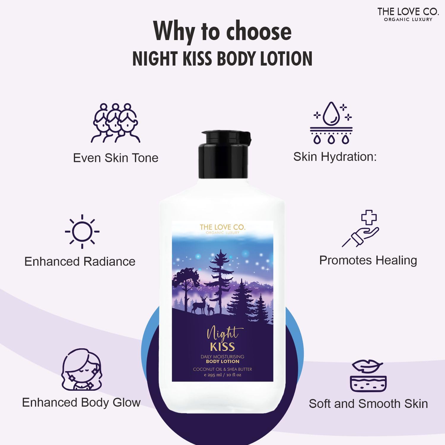 THE LOVE CO. Body Lotion for Dry Skin - Moisturizing Cream with Jojoba Oil, Shea Butter & Vitamin E - Hydrating Lotion for Women & Men - 10 fl oz (Night Kiss) - Perfect for Nighttime Skincare & Daily Hydration