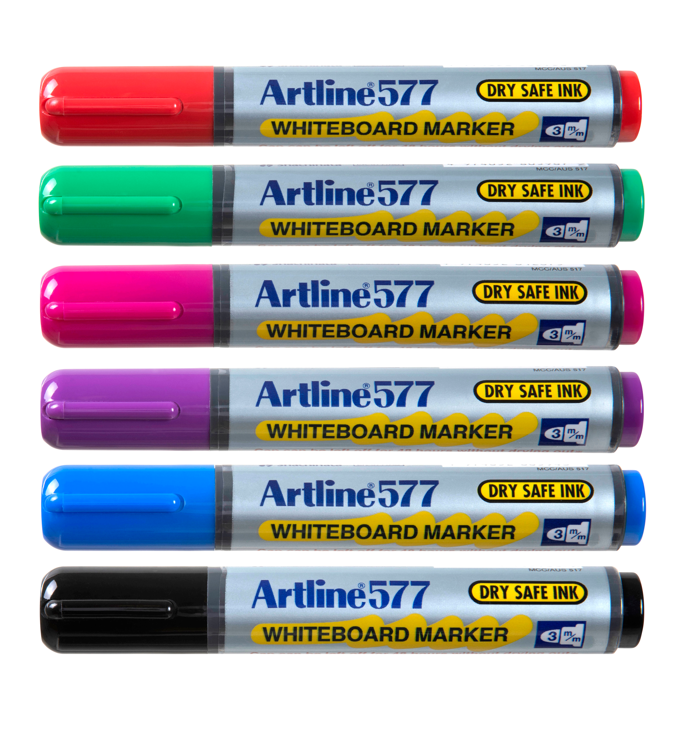 Artline 577 Whiteboard Markers - 6 Pack with 3mm Bullet Tip for Classroom, Office & Home Use - Dry Erase Markers for Whiteboards, Glass & Non-Porous Surfaces