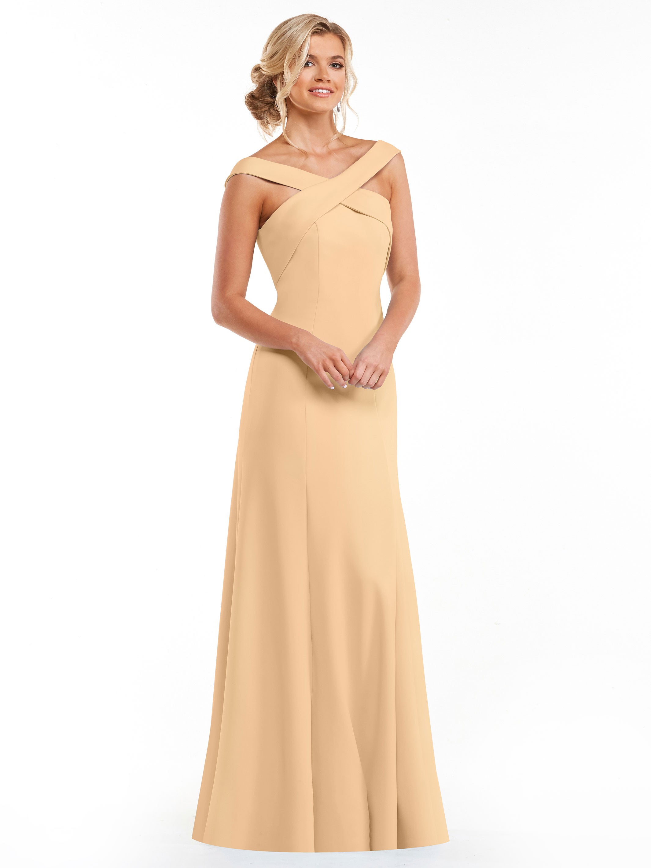 Elegant 83048 Double Knit A-Line Bridesmaid Dress with Off-the-Shoulder Sleeves - Perfect for Weddings, Formal Events & Special Occasions