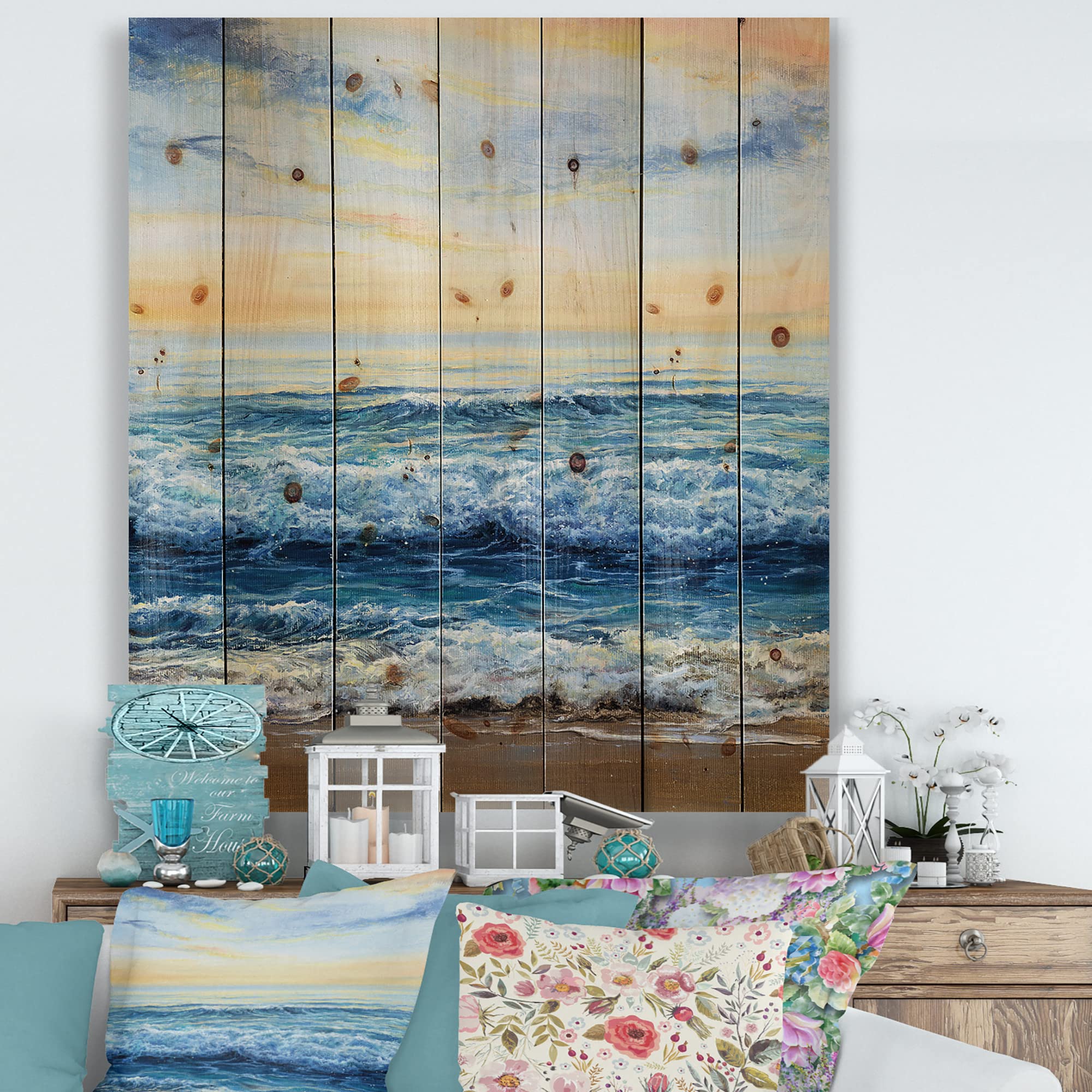 DesignQ Ocean Waves At Dawn Nautical Coastal Wood Wall Decor - Blue Wood Wall Art for Beach House - Large Pine Wood Wall Panels with Printed Seascape - Perfect for Living Room, Bedroom & Coastal Home Decor
