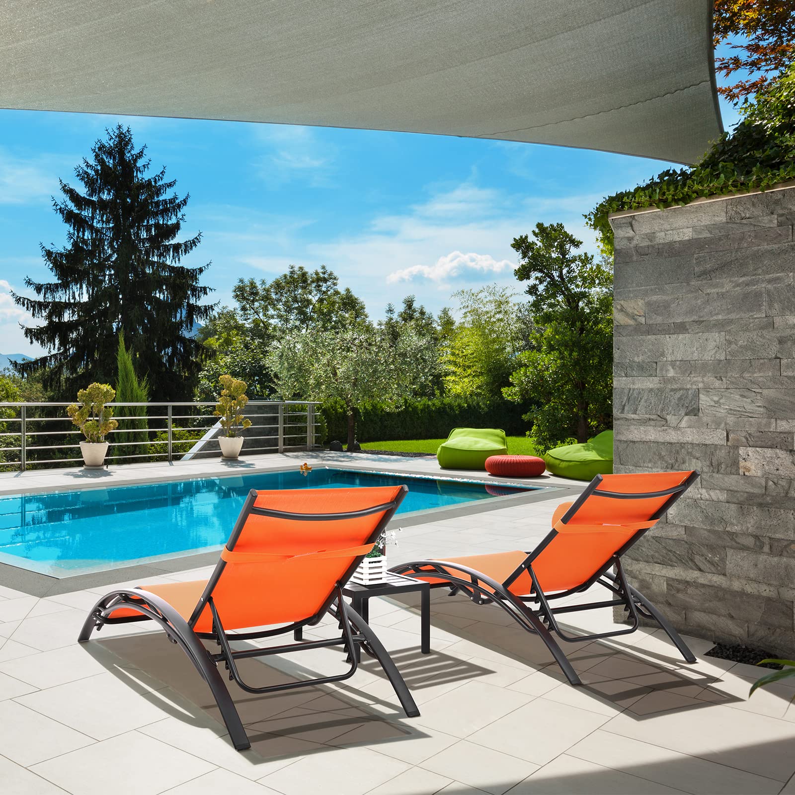 **AthLike 3-Piece Pool Chair Set with Headrest – 5-Level Adjustable Patio Chaise Lounge for Sunbathing, Tanning – Outdoor Beach & Poolside Recliner Chairs with Side Table (Orange) – Perfect for Backyard, Resort, or Vacation Relaxation**