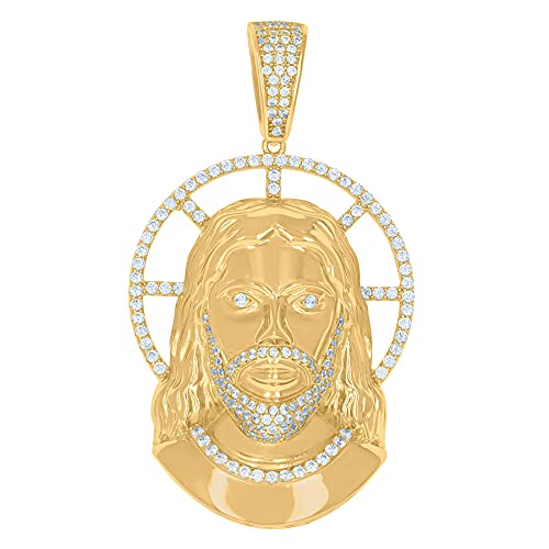925 Sterling Silver Yellow Tone Men's CZ Cubic Zirconia Simulated Diamond Jesus Religious Cross Pendant Necklace - 60x33.1mm - Perfect Gift for Him, Baptism, Confirmation & Religious Occasions