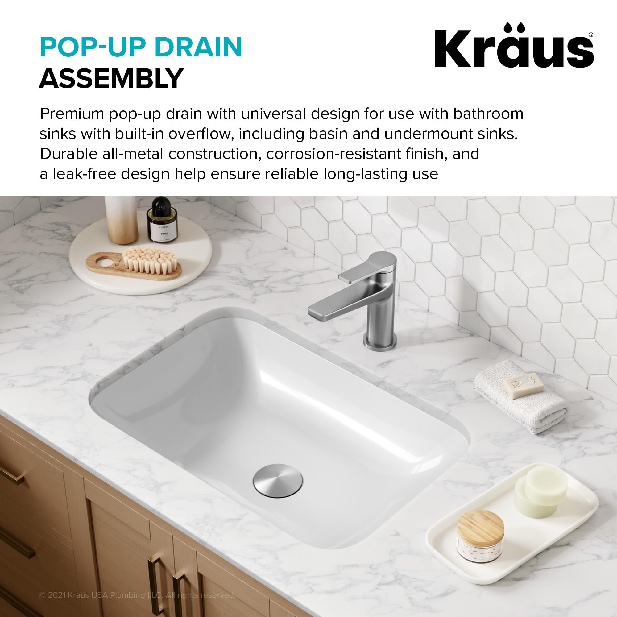 KRAUS PU-11CH Chrome Pop-Up Bathroom Sink Drain with Overflow - Perfect for Modern Vanities, Guest Bathrooms & Spa-Like Retreats