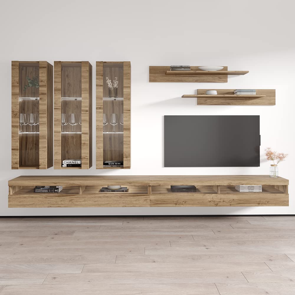 Modern Oak Wall-Mounted TV Stand with Storage Shelves & LED Lights - Floating Entertainment Center Console for Living Room & Bedroom - Perfect for Small Spaces & Home Theater Setup - Meble Furniture Fly E3 35TV Stand