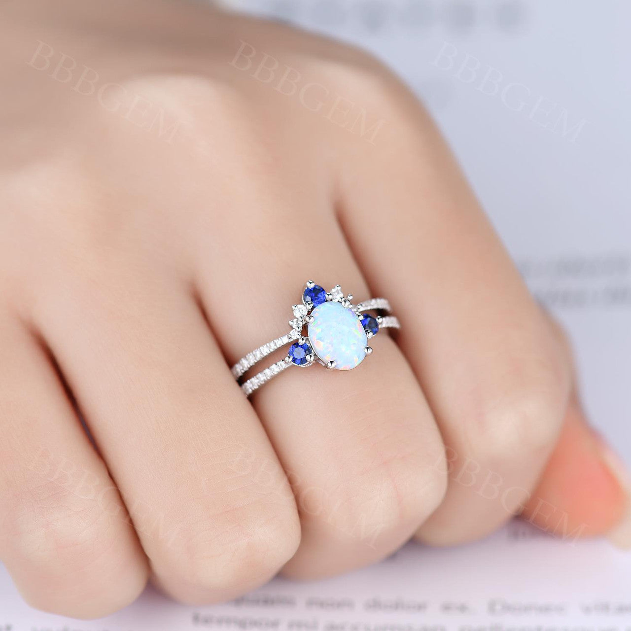 Antique Vintage Style Sapphire Opal Bridal Ring Set with Diamond Accents - Matching Wedding Band & Engagement Ring for Women - Perfect for Bridal Jewelry, Anniversary Gifts & Special Occasions